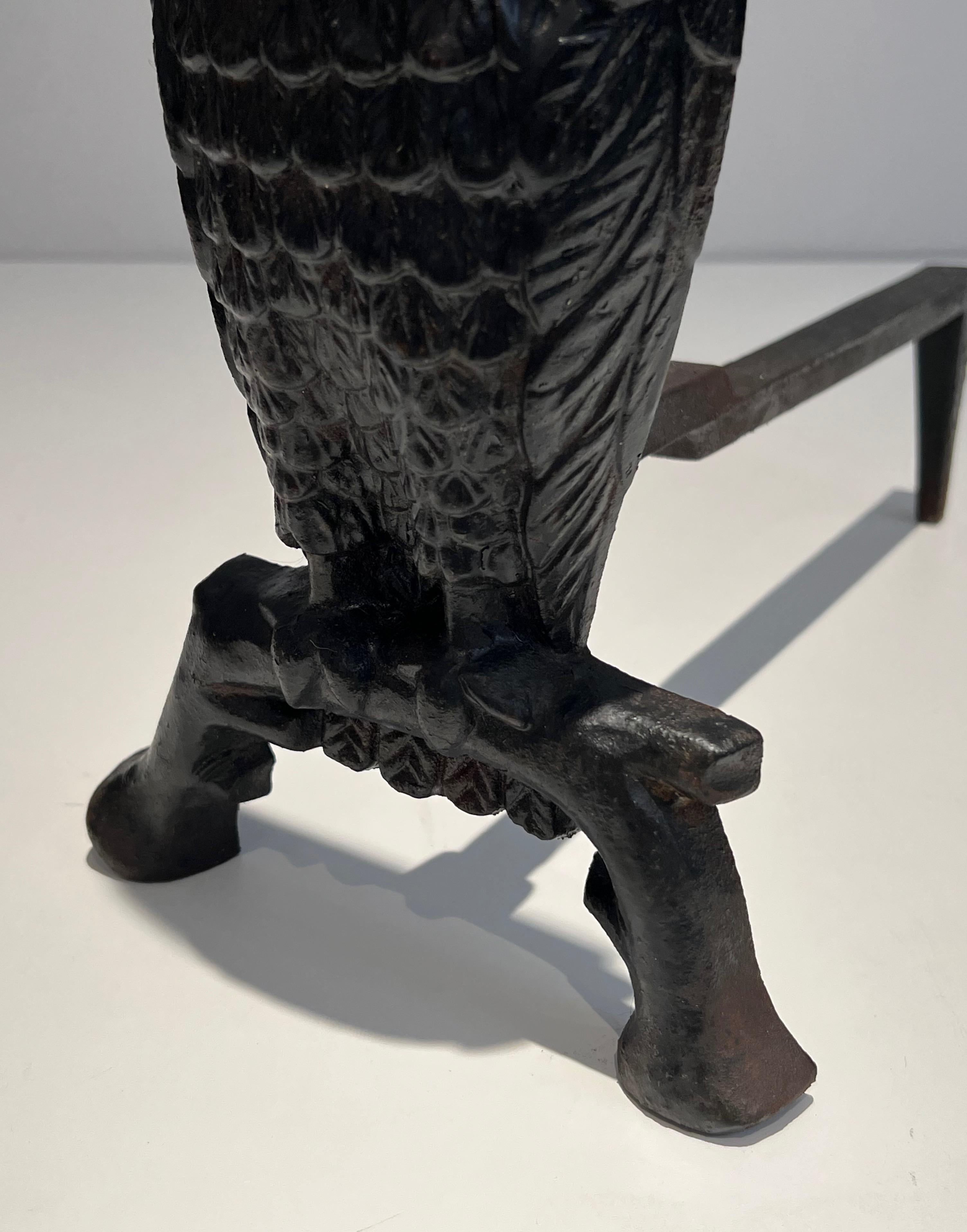 Pair of Cast Iron and Wrought Iron Andirons Showing an Owl For Sale 2