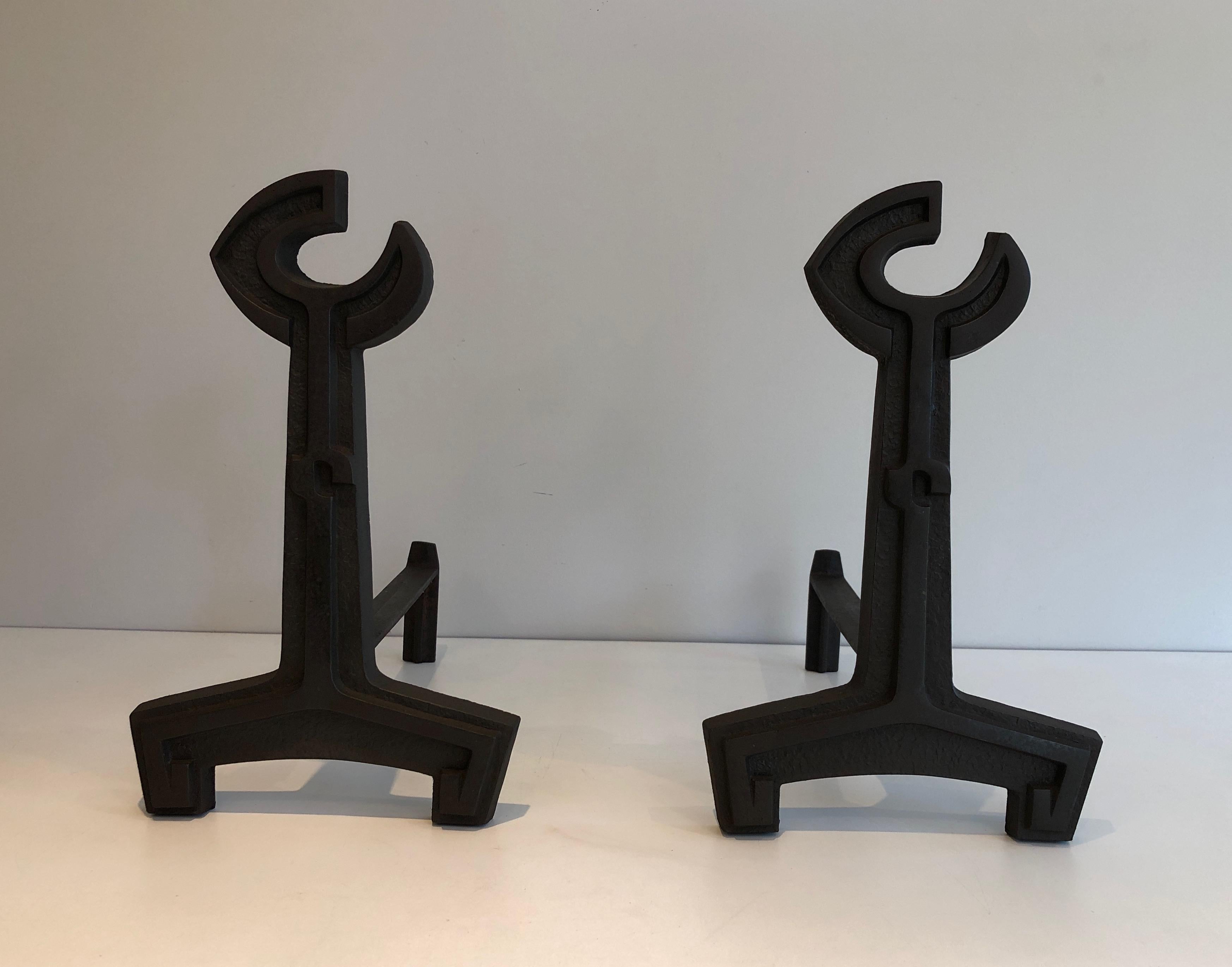 Pair of Cast Iron and Wrought Iron Flat Key Andirons, French, Circa 1950 For Sale 14