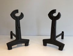 Pair of Cast Iron and Wrought Iron Flat Key Andirons, French, Circa 1950