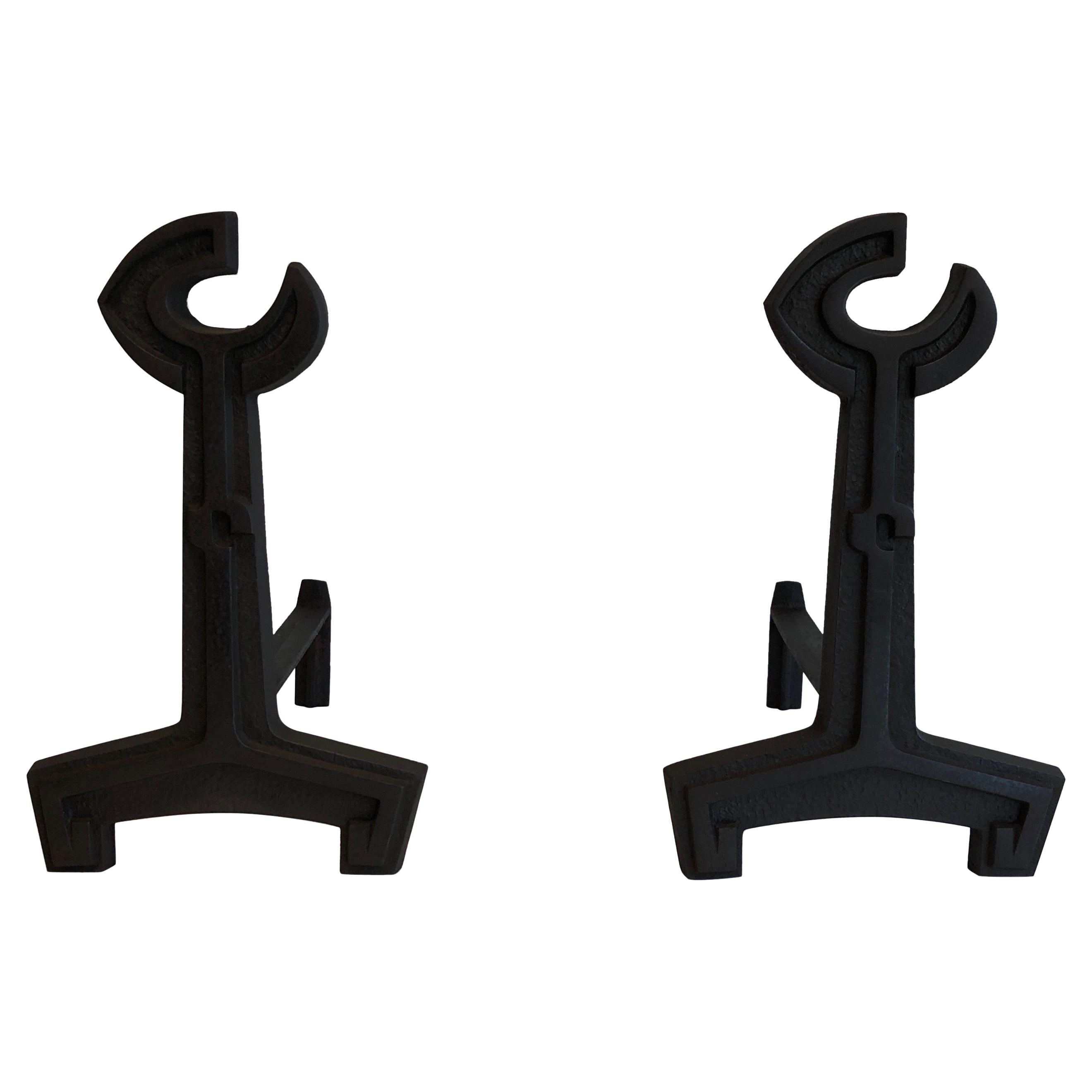 Pair of Cast Iron and Wrought Iron Flat Key Andirons, French, Circa 1950 For Sale