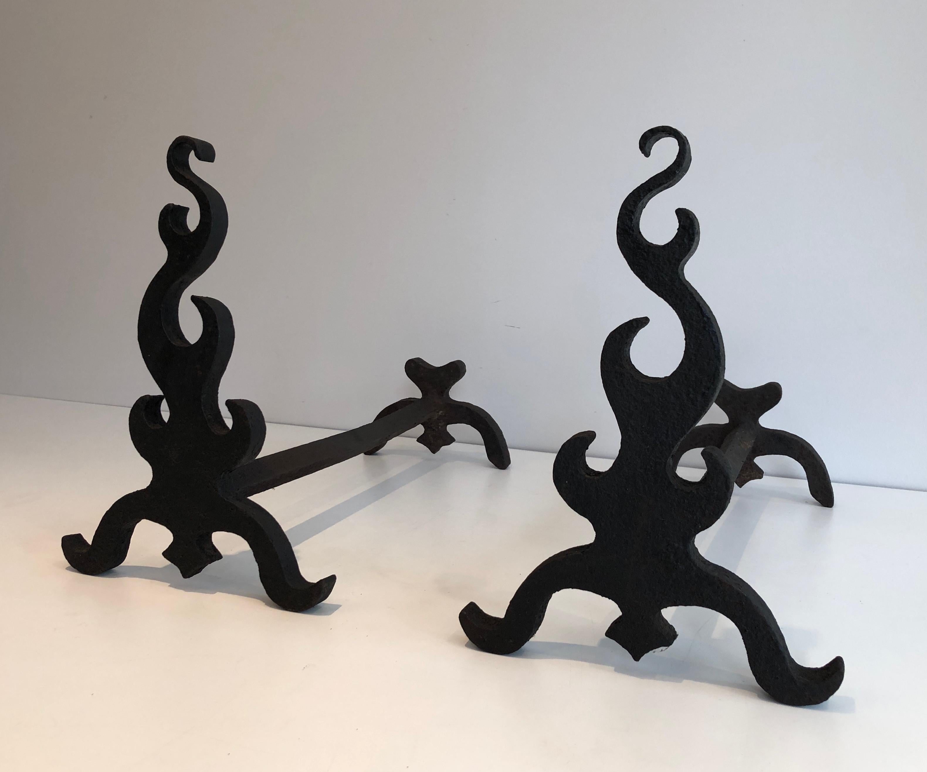 Pair of Cast Iron and Wrought Ironandirons, French, circa 1940 For Sale 7