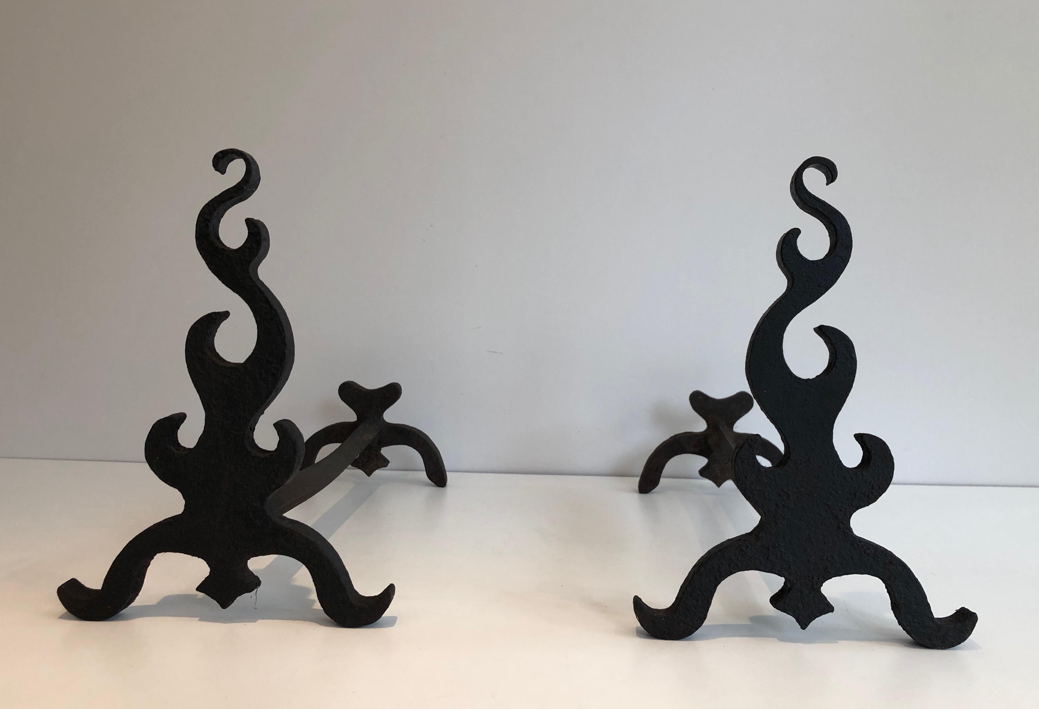 Pair of Cast Iron and Wrought Ironandirons, French, circa 1940 For Sale 8