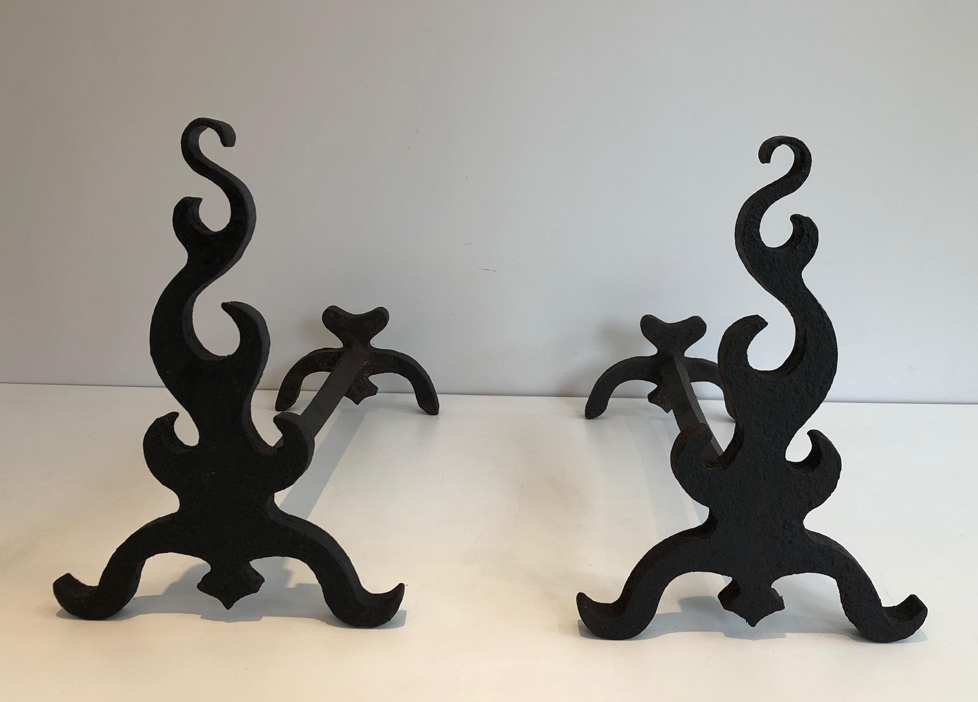 Pair of Cast Iron and Wrought Ironandirons, French, circa 1940 For Sale 9
