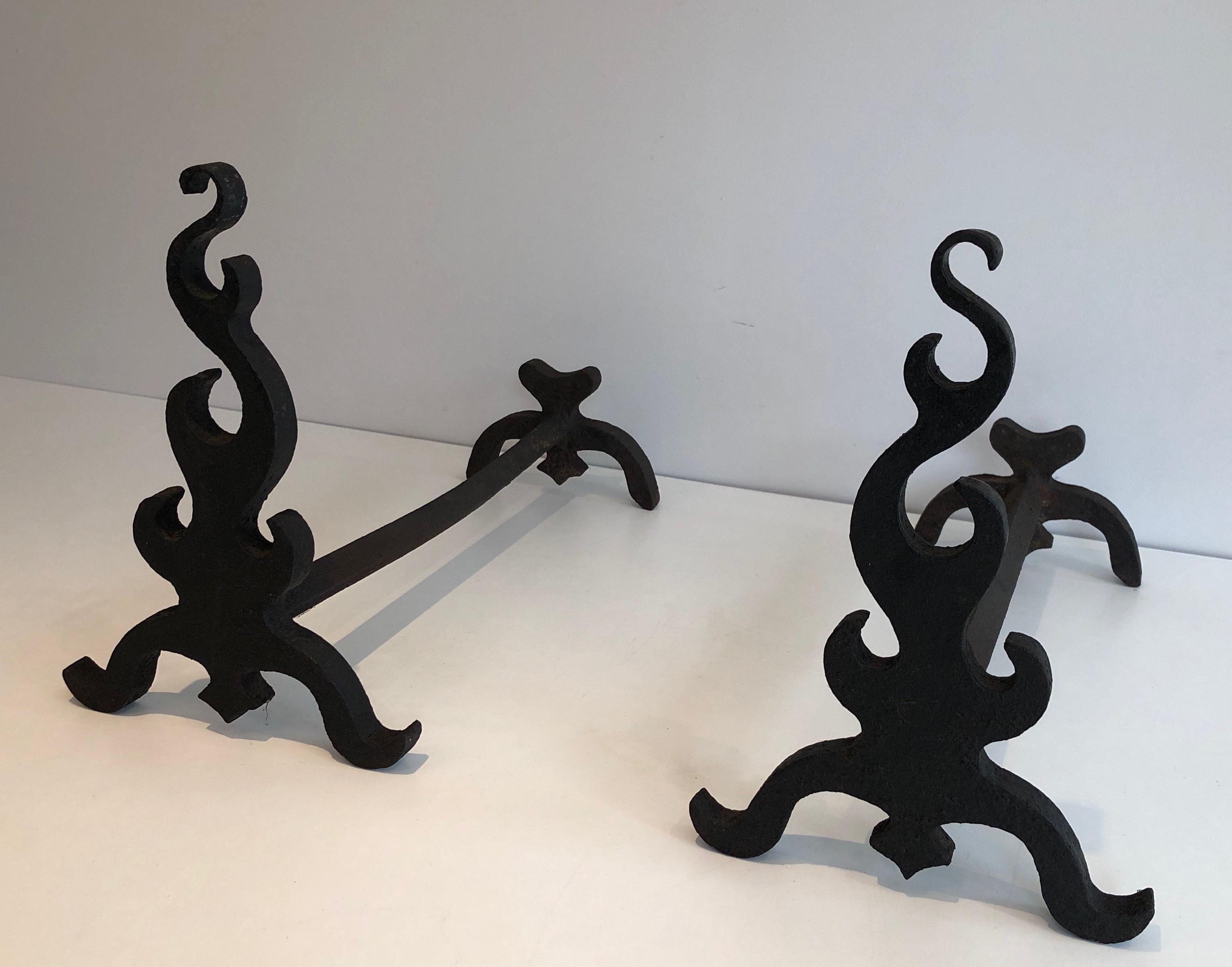 Pair of Cast Iron and Wrought Ironandirons, French, circa 1940 For Sale 14