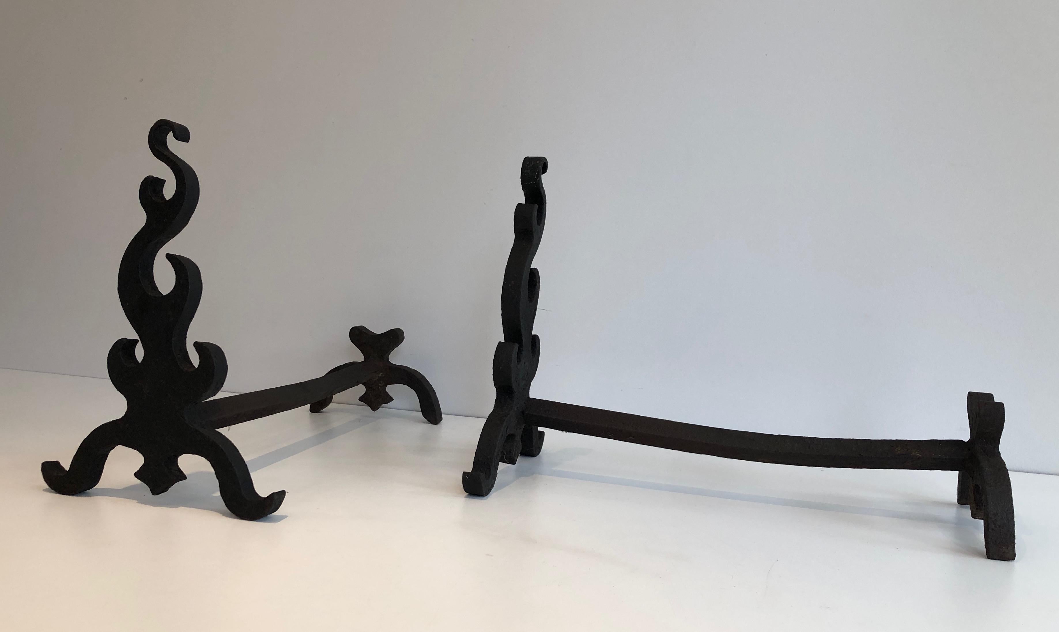 Mid-Century Modern Pair of Cast Iron and Wrought Ironandirons, French, circa 1940 For Sale