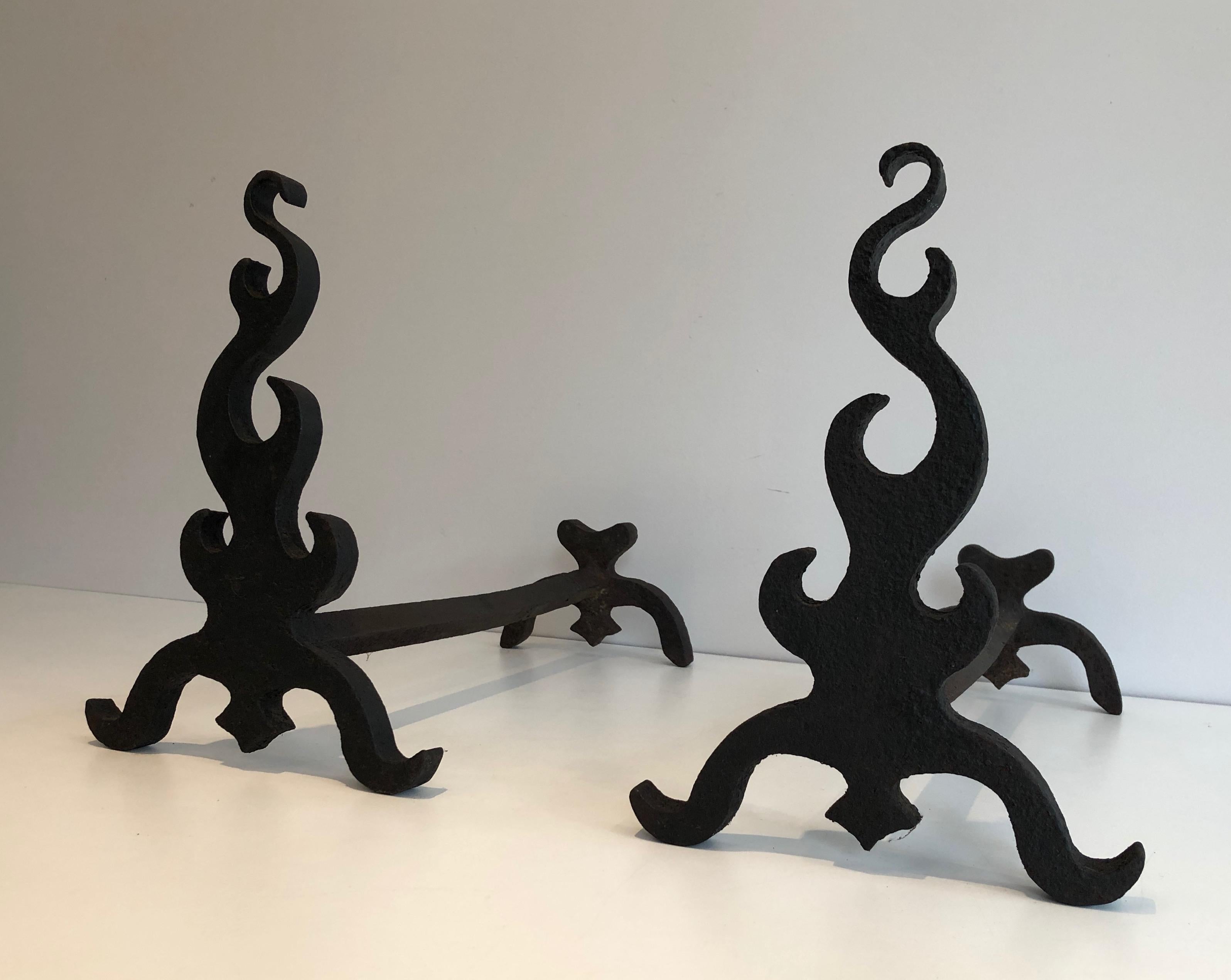 Pair of Cast Iron and Wrought Ironandirons, French, circa 1940 For Sale 4