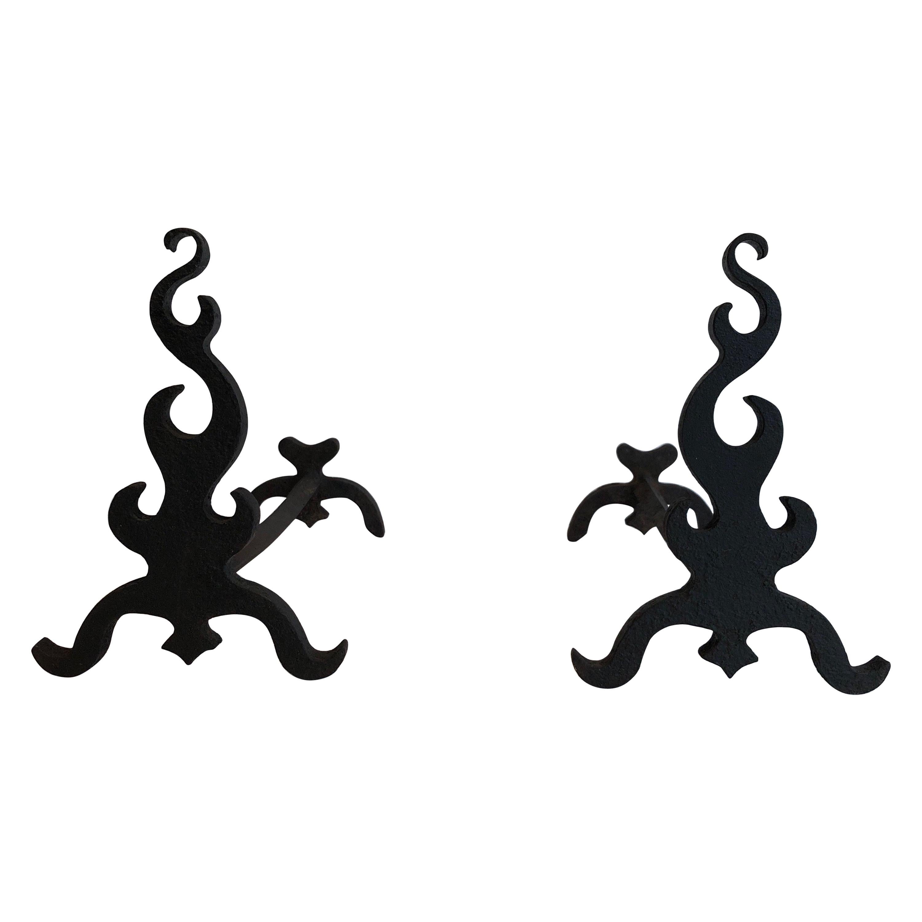 Pair of Cast Iron and Wrought Ironandirons, French, circa 1940 For Sale