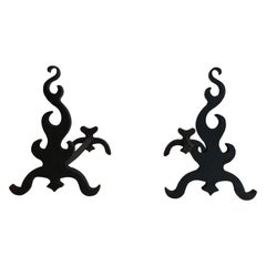 Vintage Pair of Cast Iron and Wrought Ironandirons, French, circa 1940