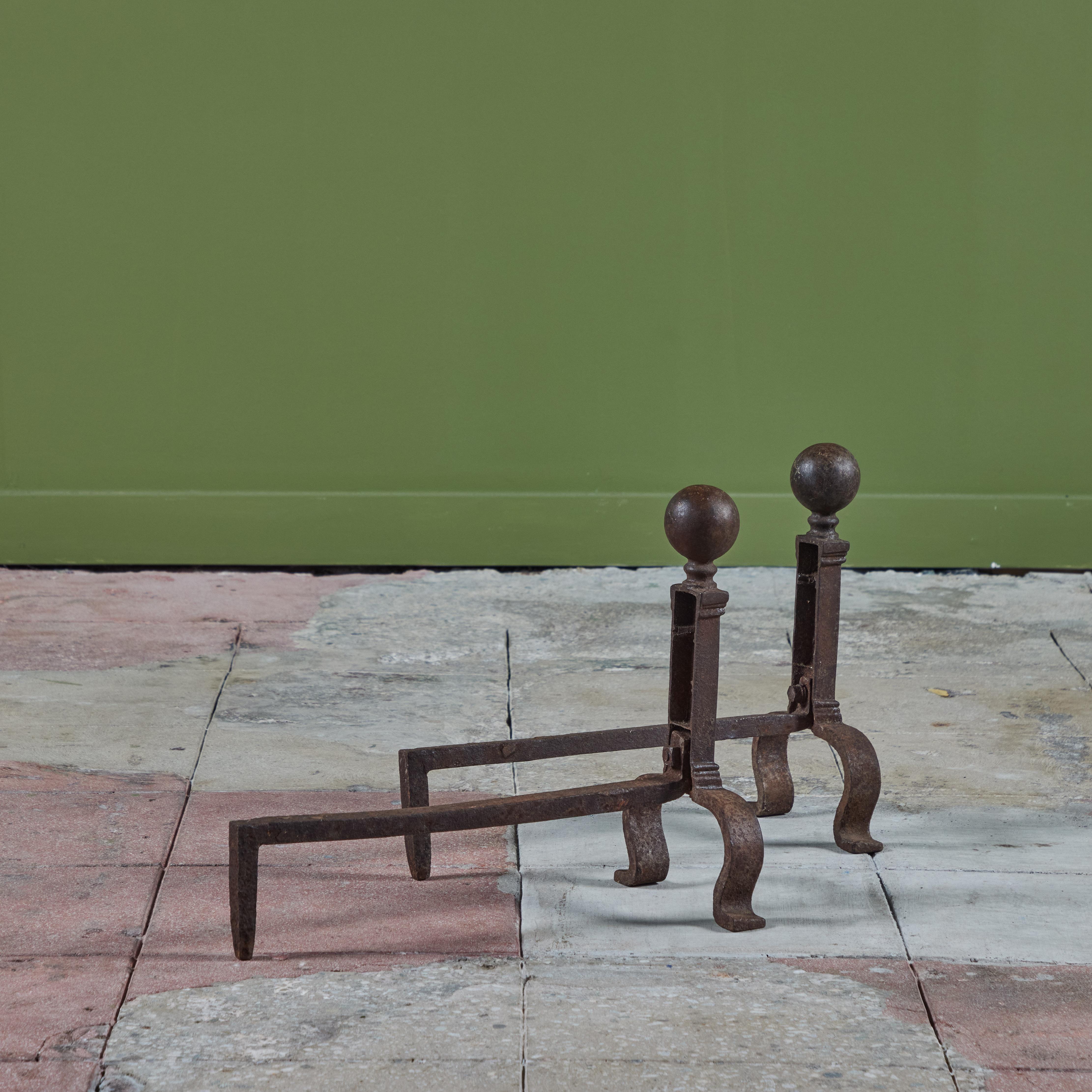 Patinated Pair of Cast Iron Andirons