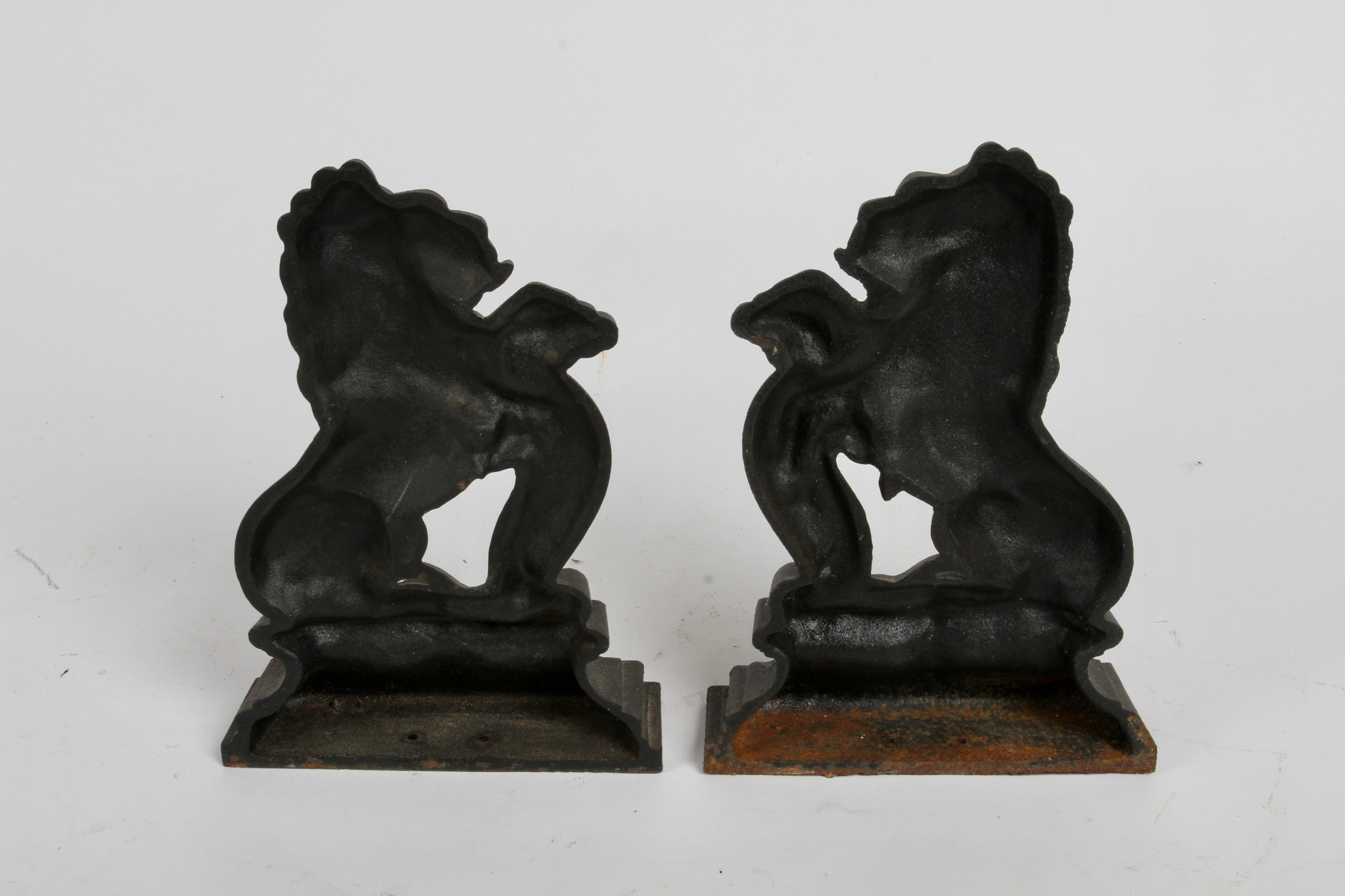 Pair of Cast Iron Andirons or Fire Dogs of Rampant Lions Resting on Shield 6