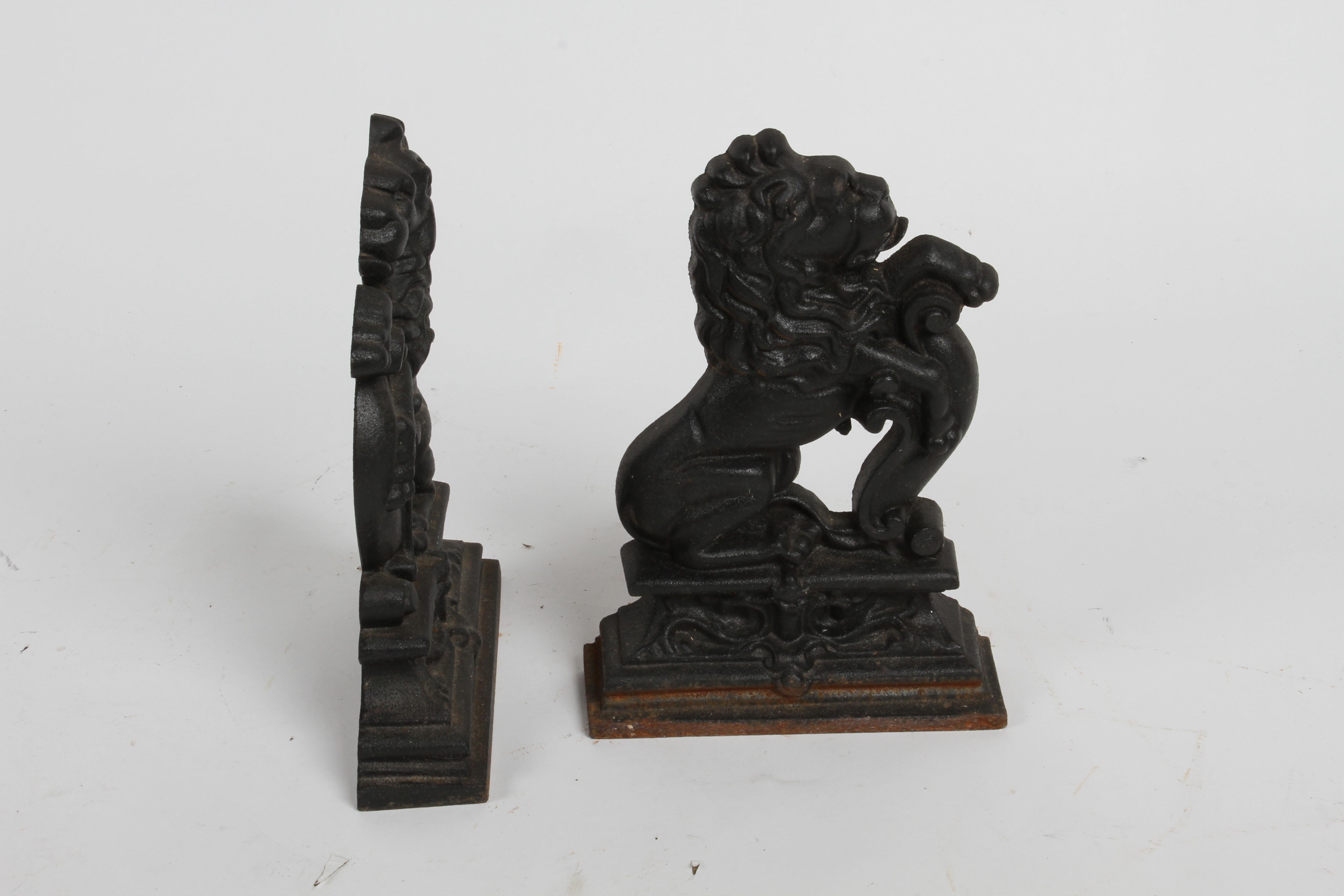Pair of Cast Iron Andirons or Fire Dogs of Rampant Lions Resting on Shield 7