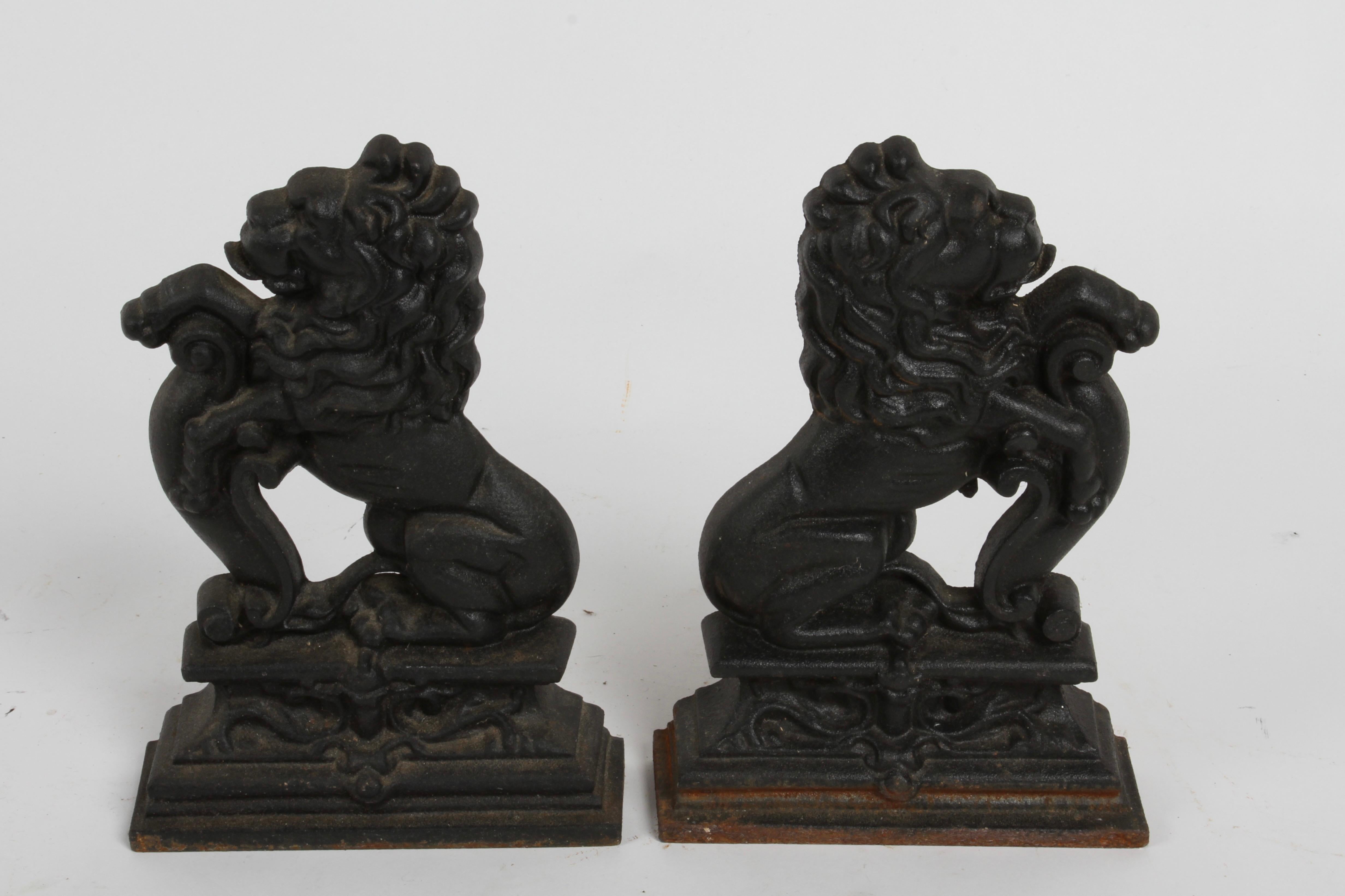 Pair of Cast Iron Andirons or Fire Dogs of Rampant Lions Resting on Shield 8