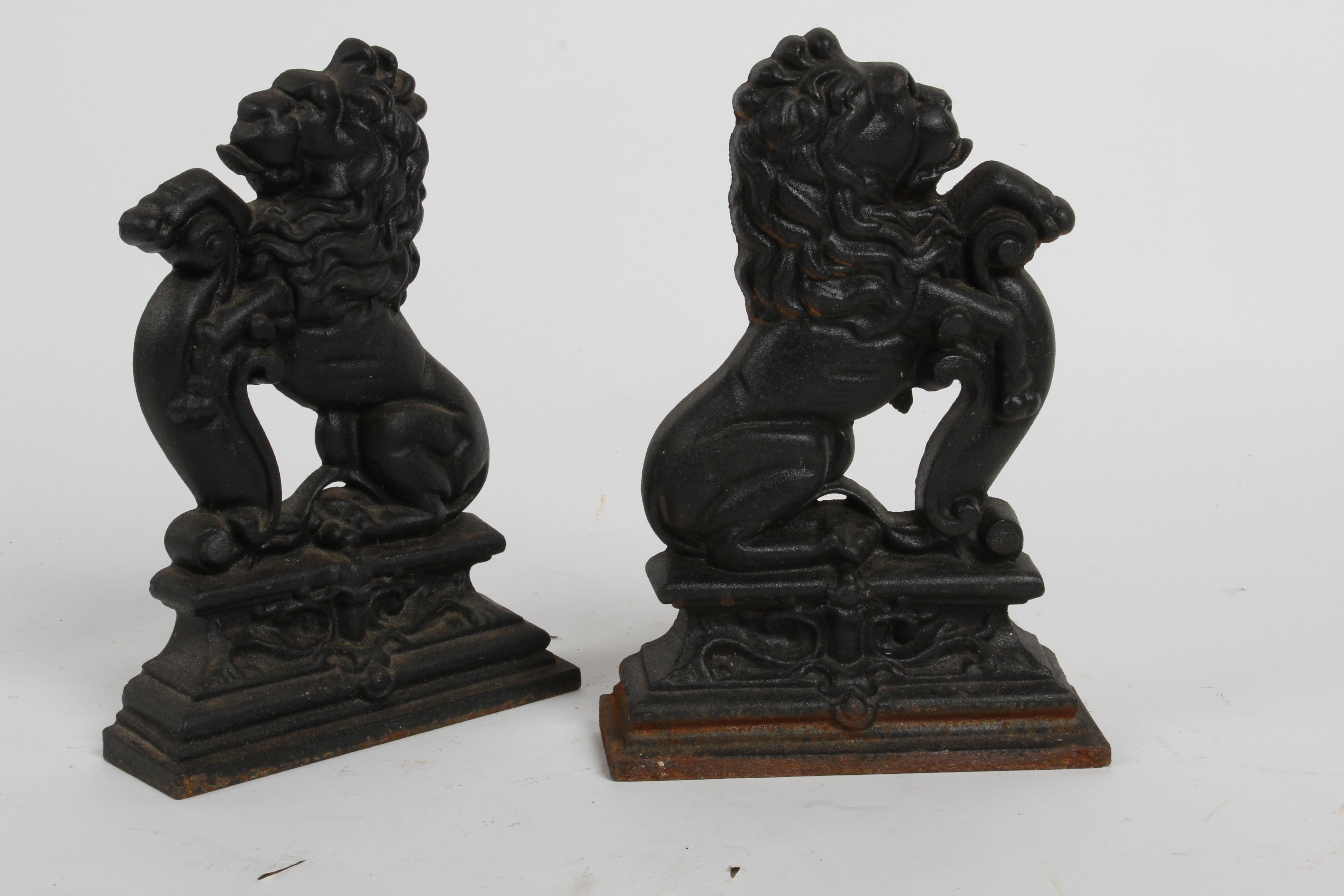 Pair of Cast Iron Andirons or Fire Dogs of Rampant Lions Resting on Shield 9