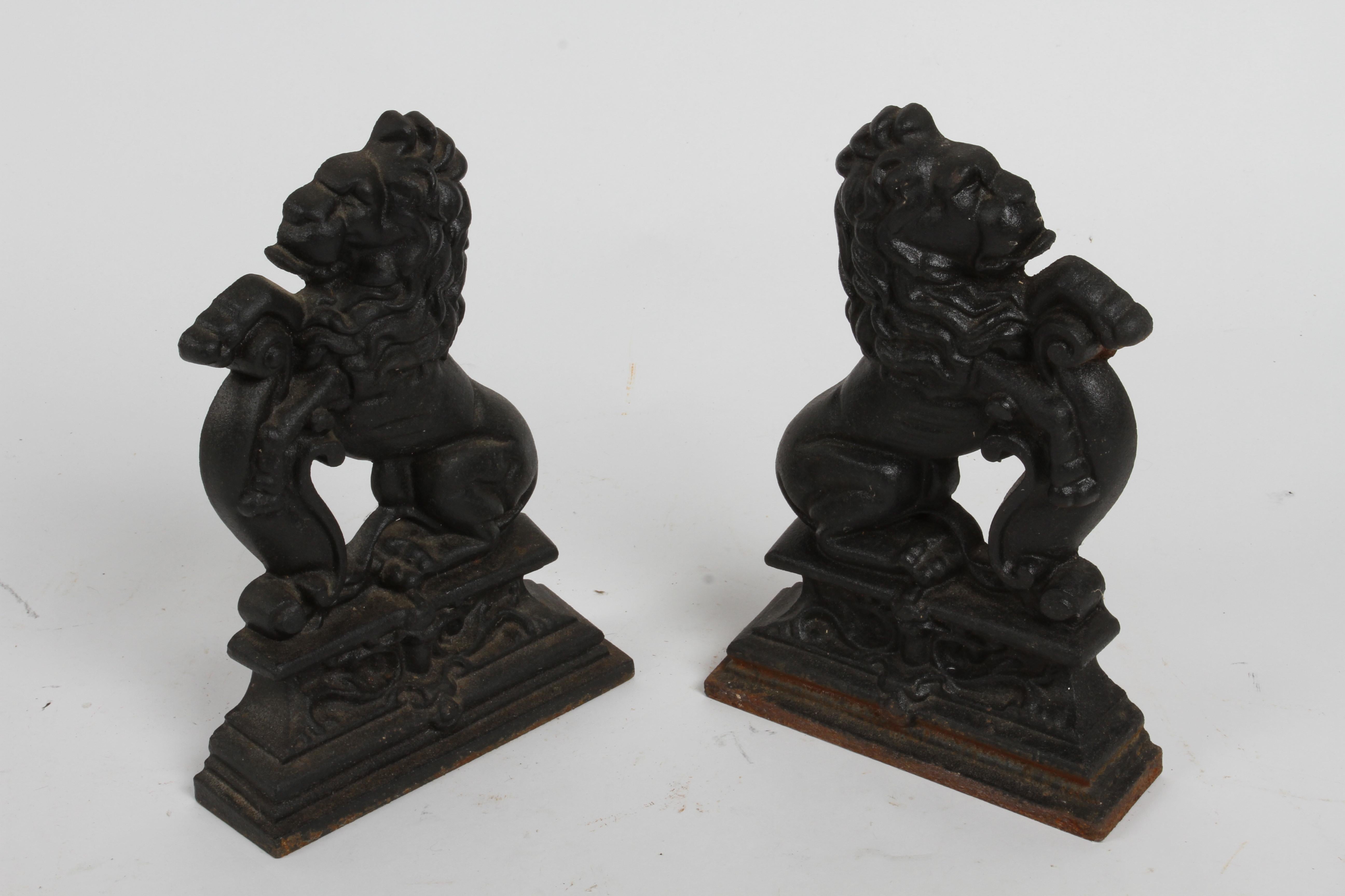 Pair of Cast Iron Andirons or Fire Dogs of Rampant Lions Resting on Shield 10