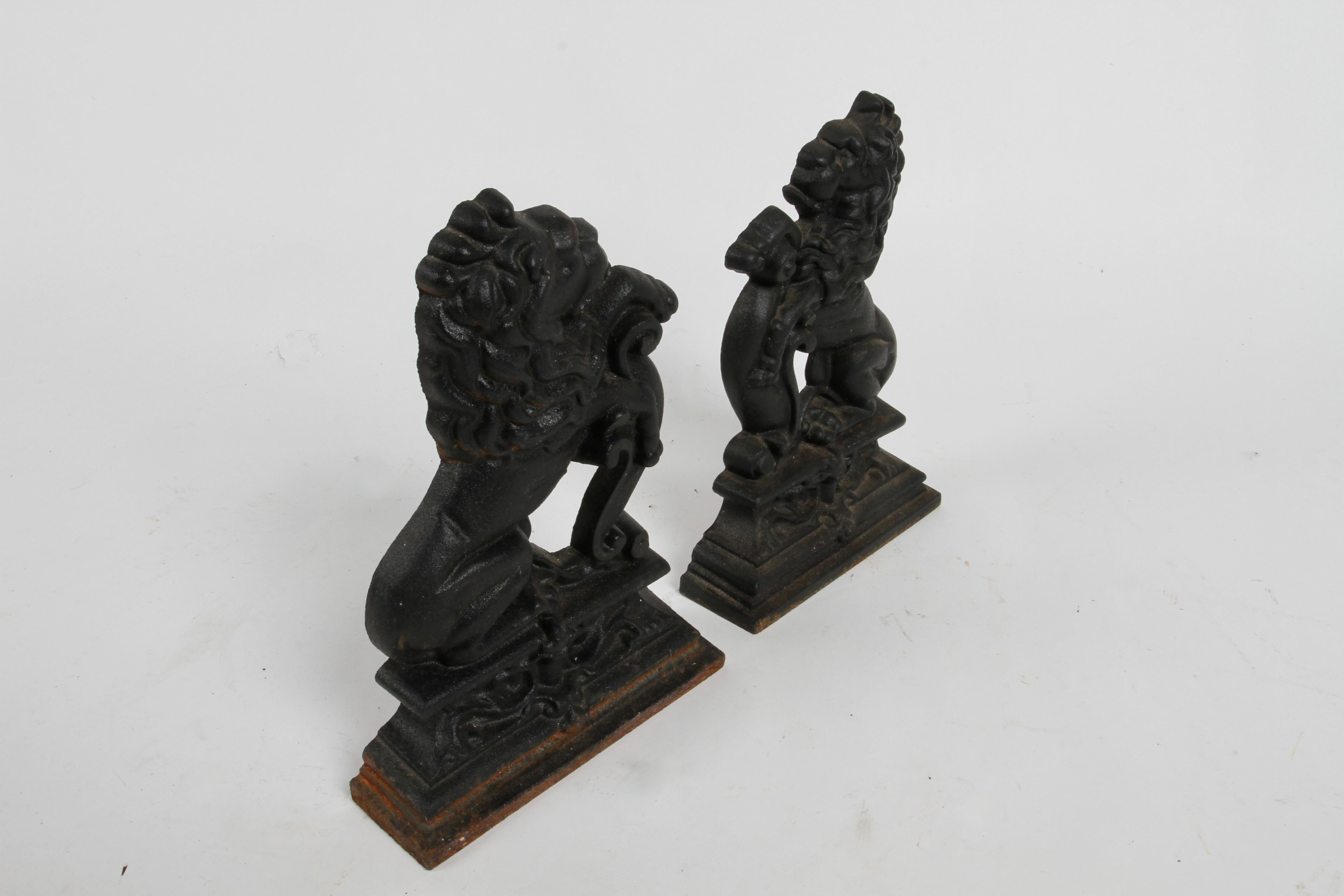 Pair of Cast Iron Andirons or Fire Dogs of Rampant Lions Resting on Shield 2