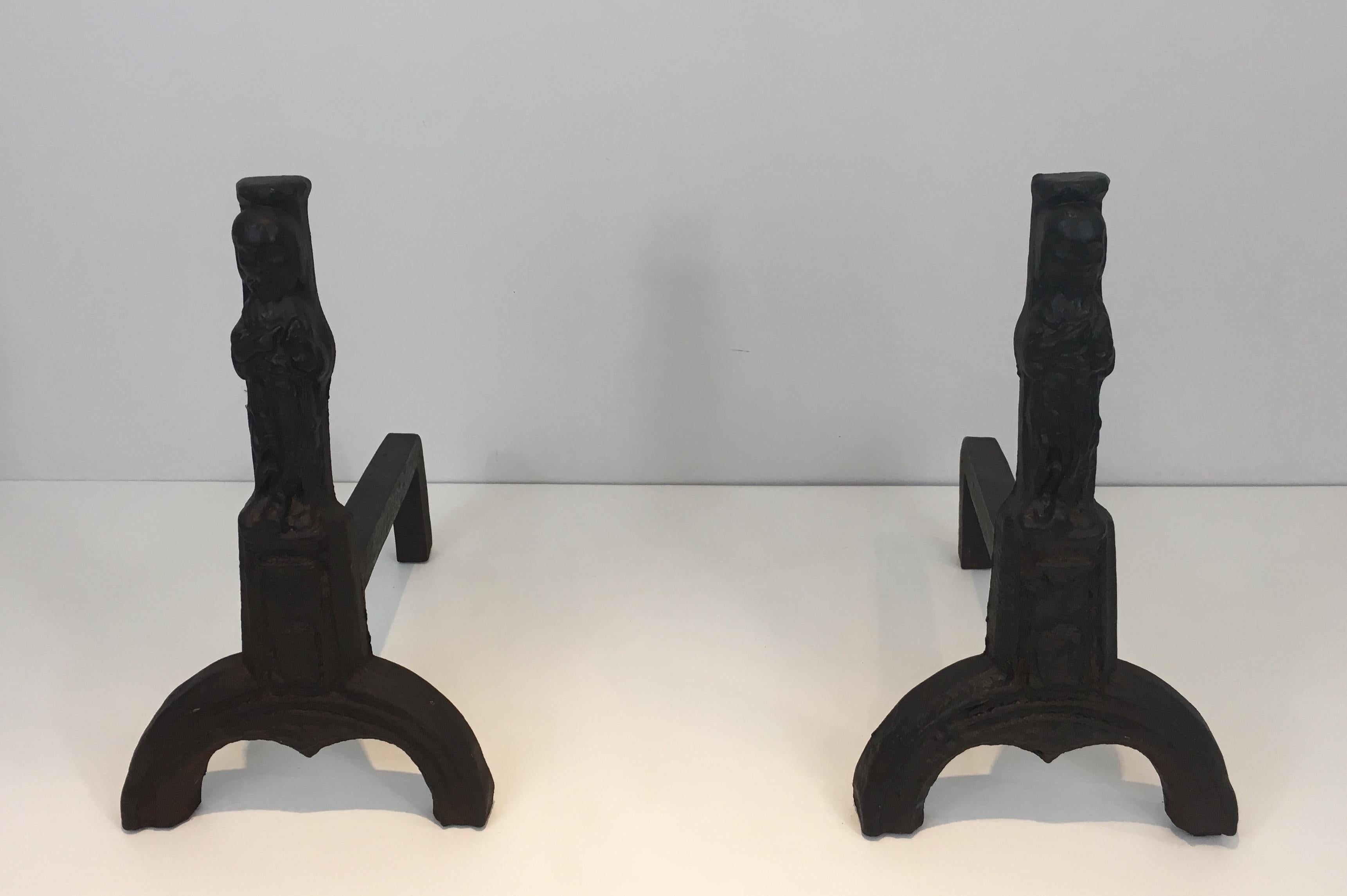 Gothic Pair of Cast Iron Andirons Representing an Evangelist, French, circa 1940 For Sale