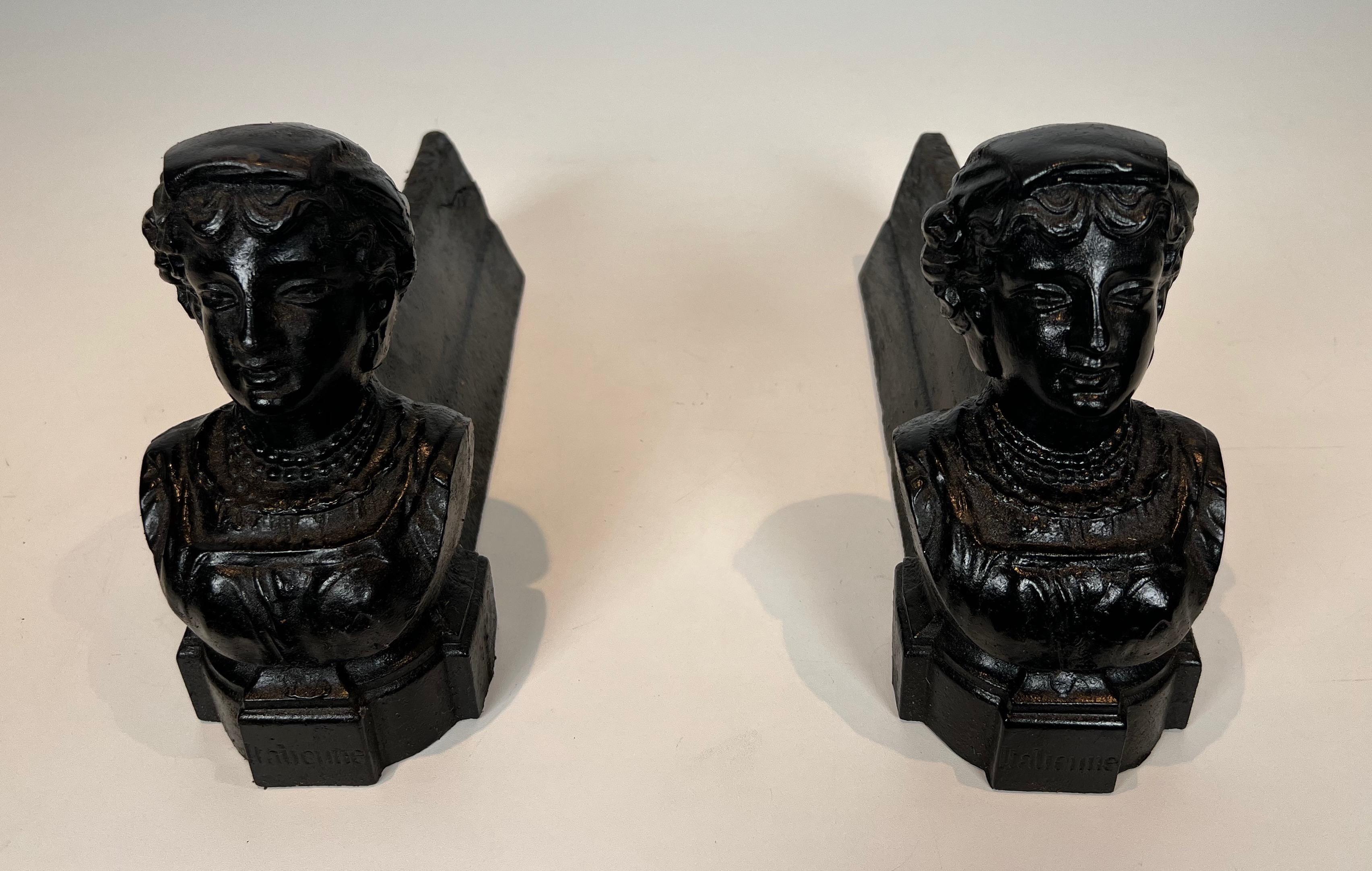 Mid-Century Modern Pair of Cast Iron Andirons representing an Italian Woman For Sale