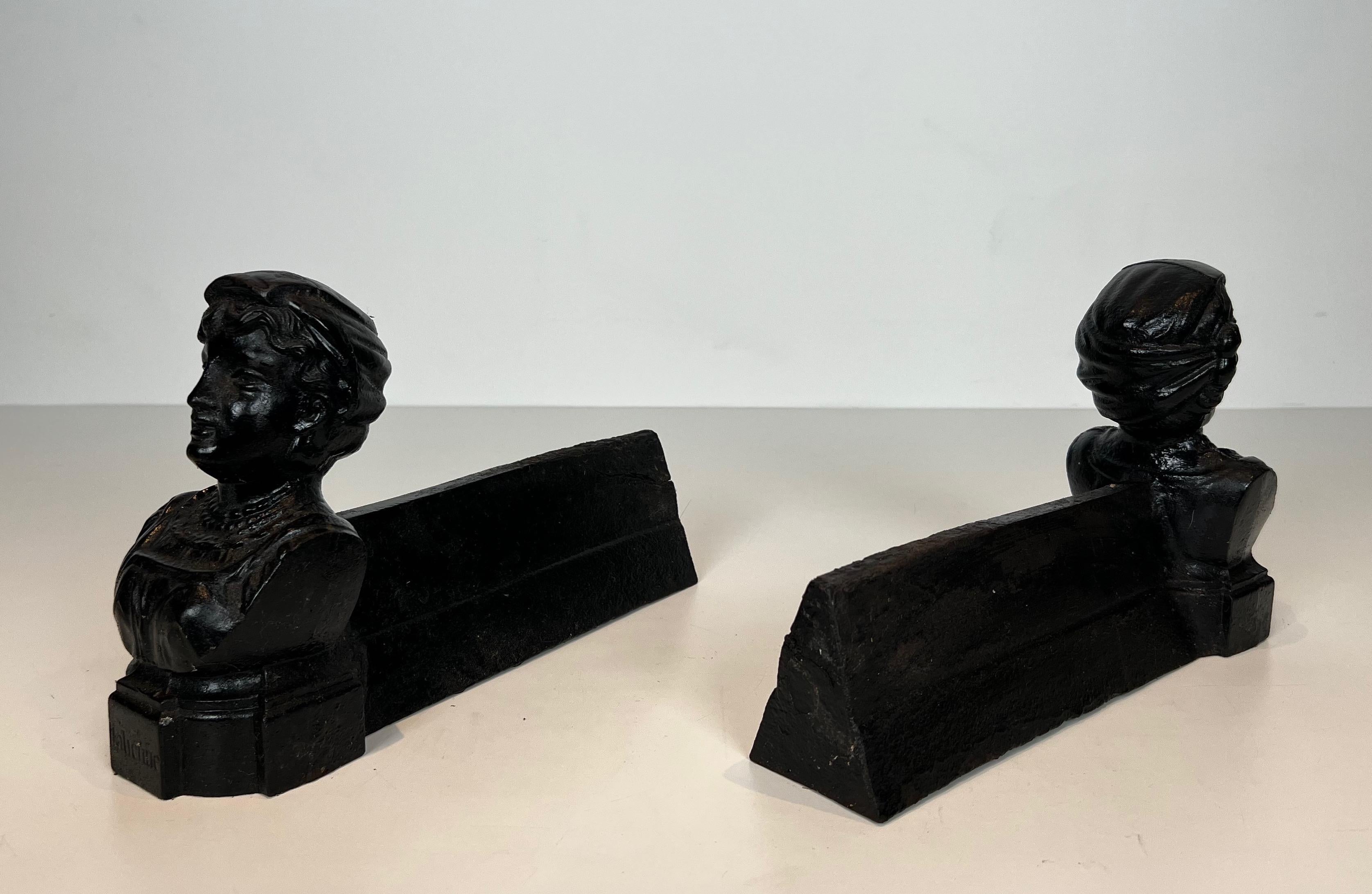 Pair of Cast Iron Andirons representing an Italian Woman For Sale 1