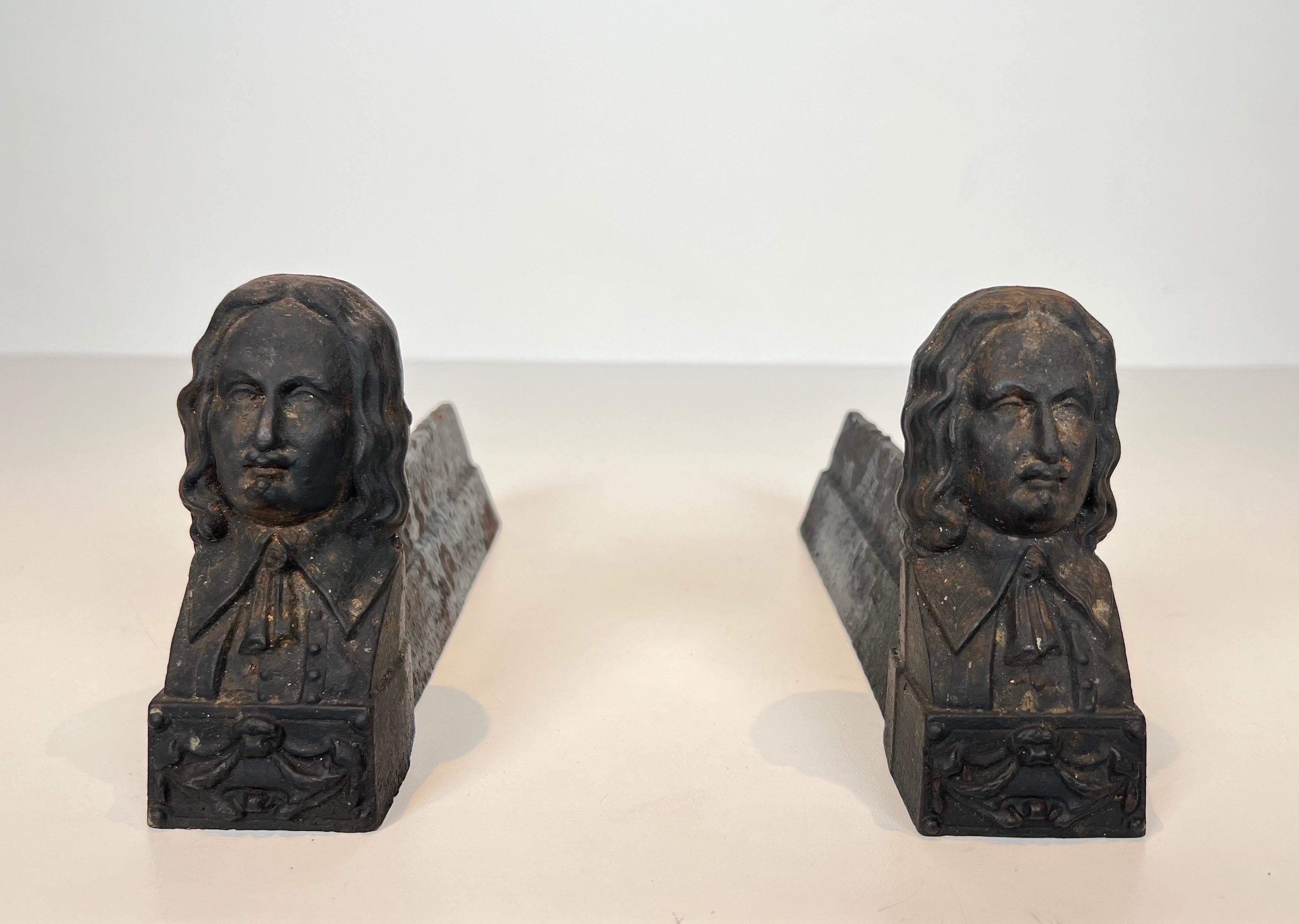 Mid-Century Modern Pair of Cast Iron Andirons representing Beethoven For Sale