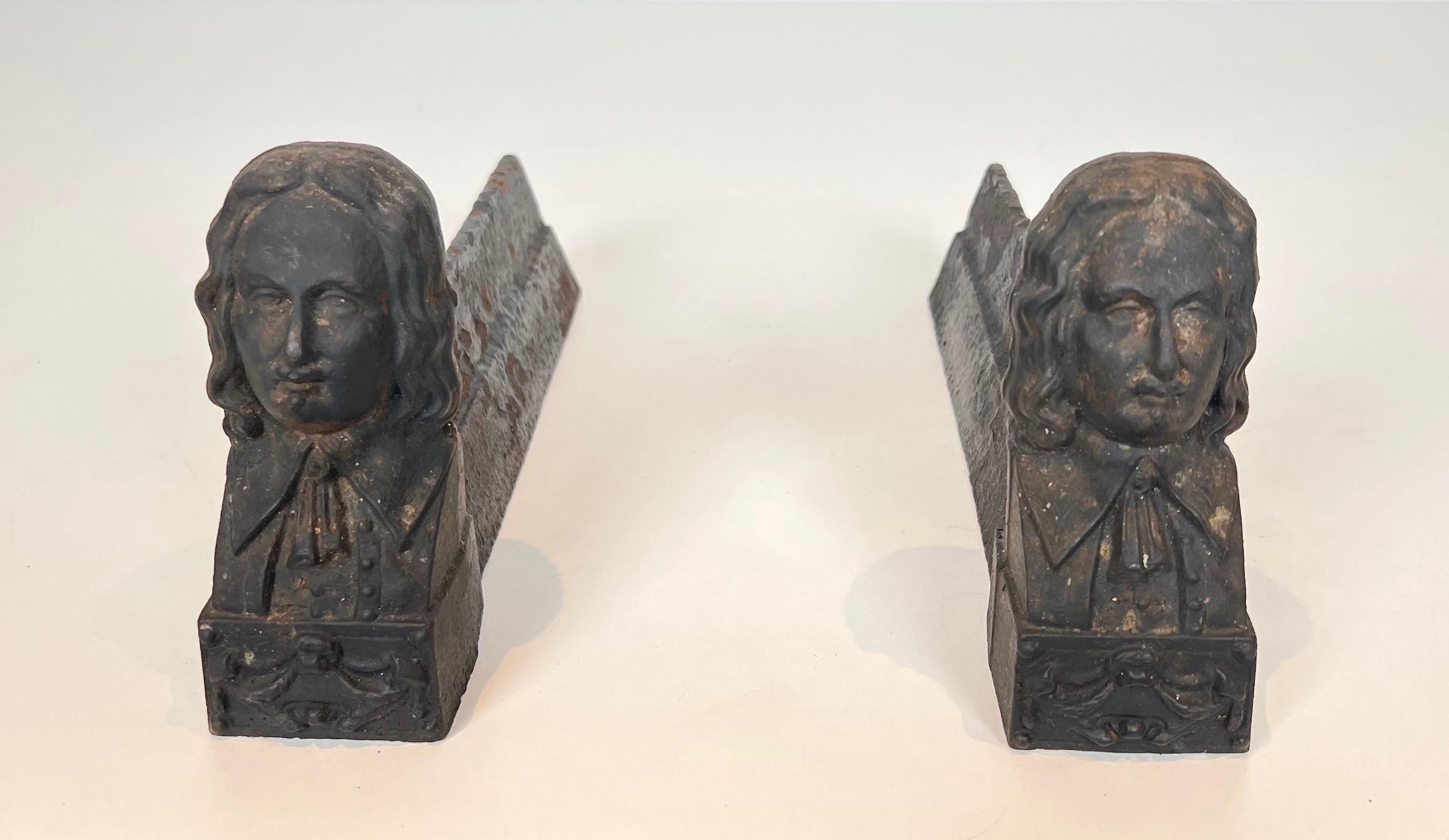 French Pair of Cast Iron Andirons representing Beethoven For Sale