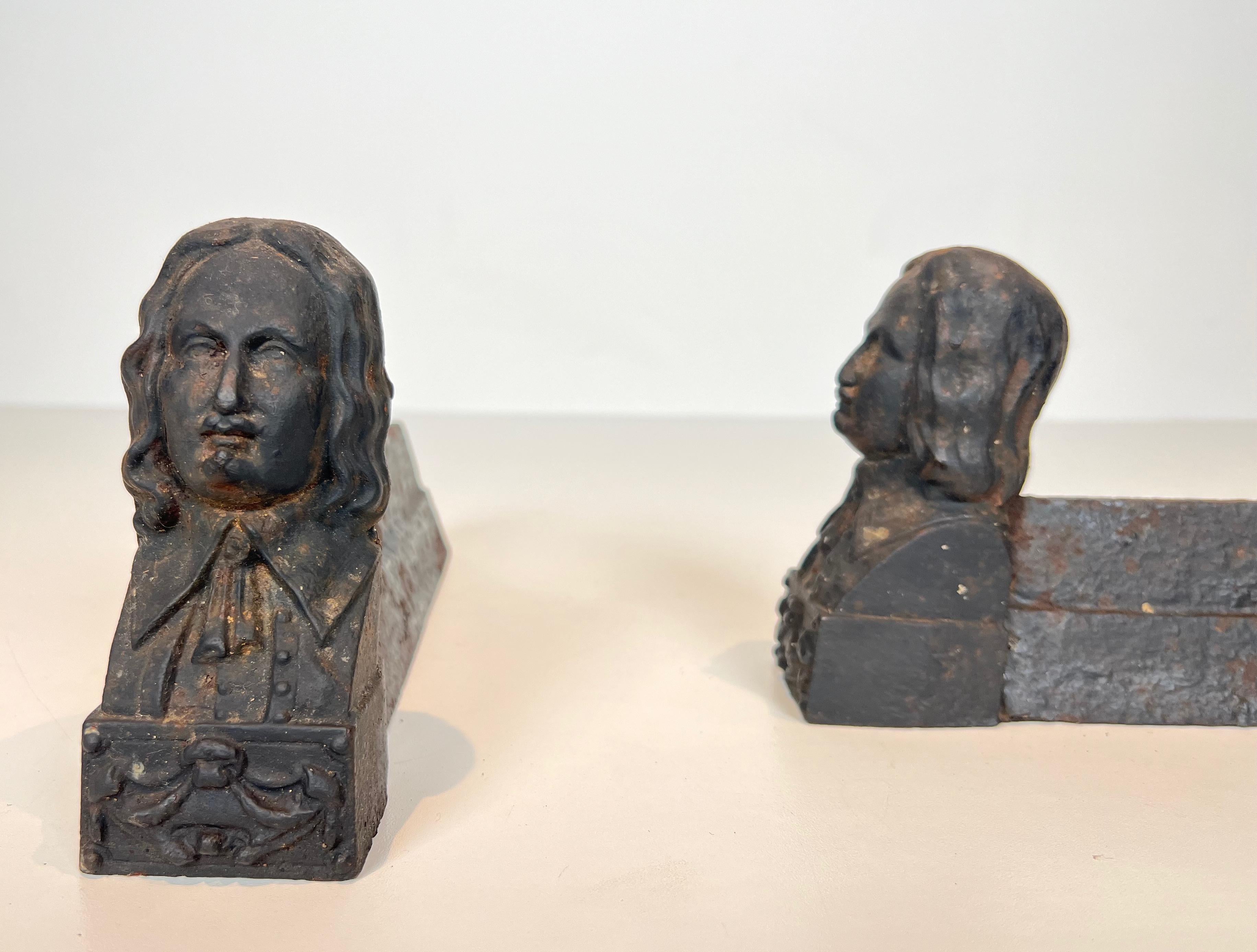 Pair of Cast Iron Andirons representing Beethoven For Sale 1