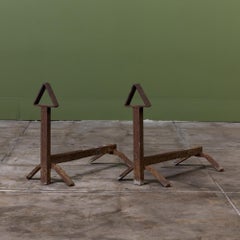 Pair of Cast Iron Andirons with Triangular Finials, Mid-20th Century