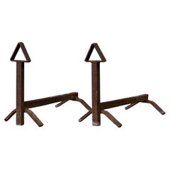 Pair of Cast Iron Andirons with Triangular Finials, Mid-20th Century