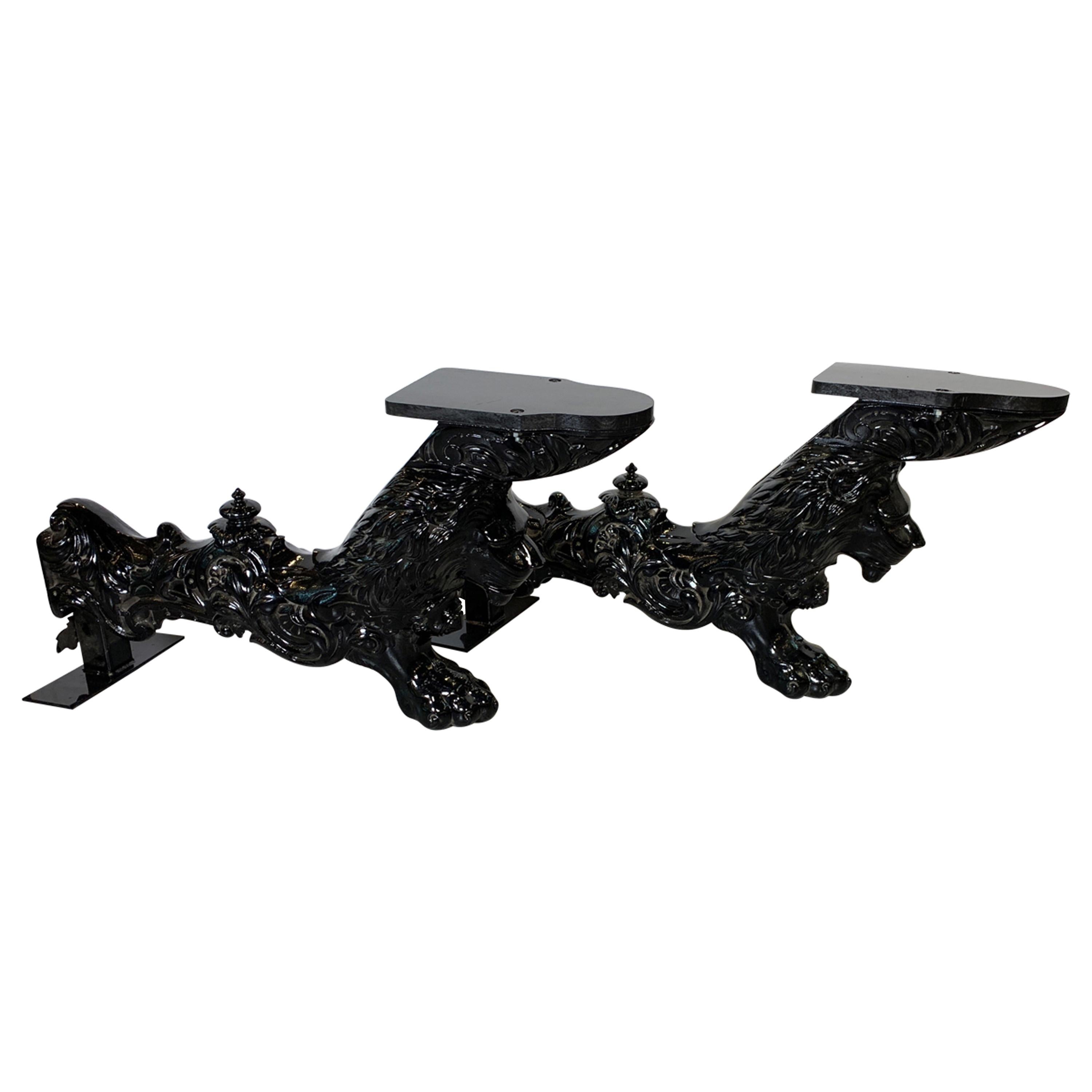 Pair of Cast Iron Black Powder Coated Lions, circa 1880