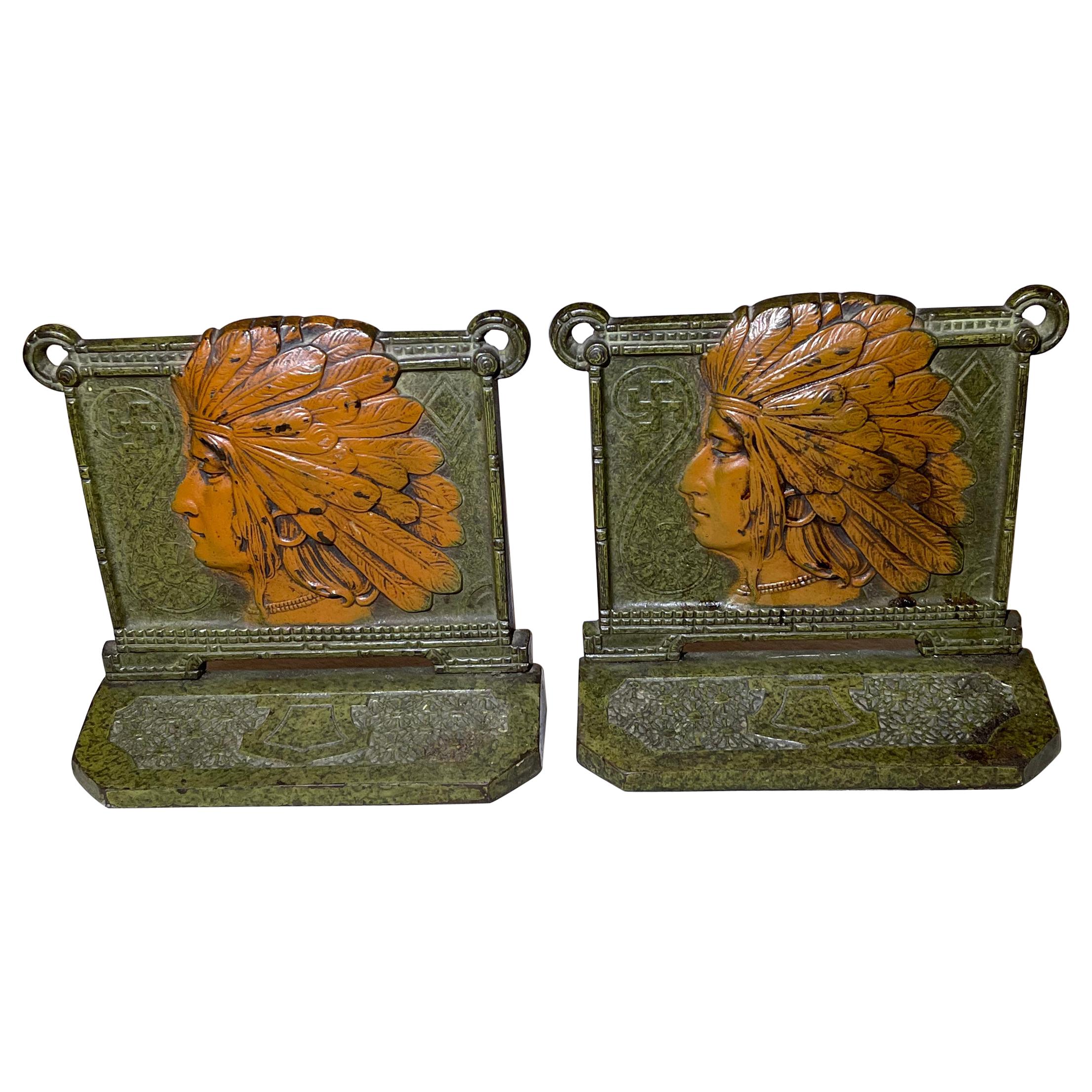 Pair of Cast Iron Bookends, American Indian Theme, by Judd Co, ca. 1910