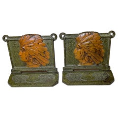 Antique Pair of Cast Iron Bookends, American Indian Theme, by Judd Co, ca. 1910