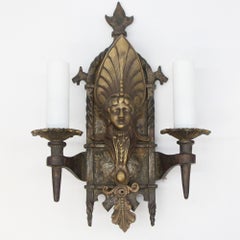 Pair of Cast Iron & Bronze Figural Gothic Sconces Early 20th C.