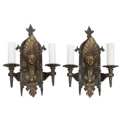 Pair of Cast Iron & Bronze Figural Gothic Sconces Early 20th C.