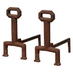 Pair of Cast Iron Brutalist Andirons