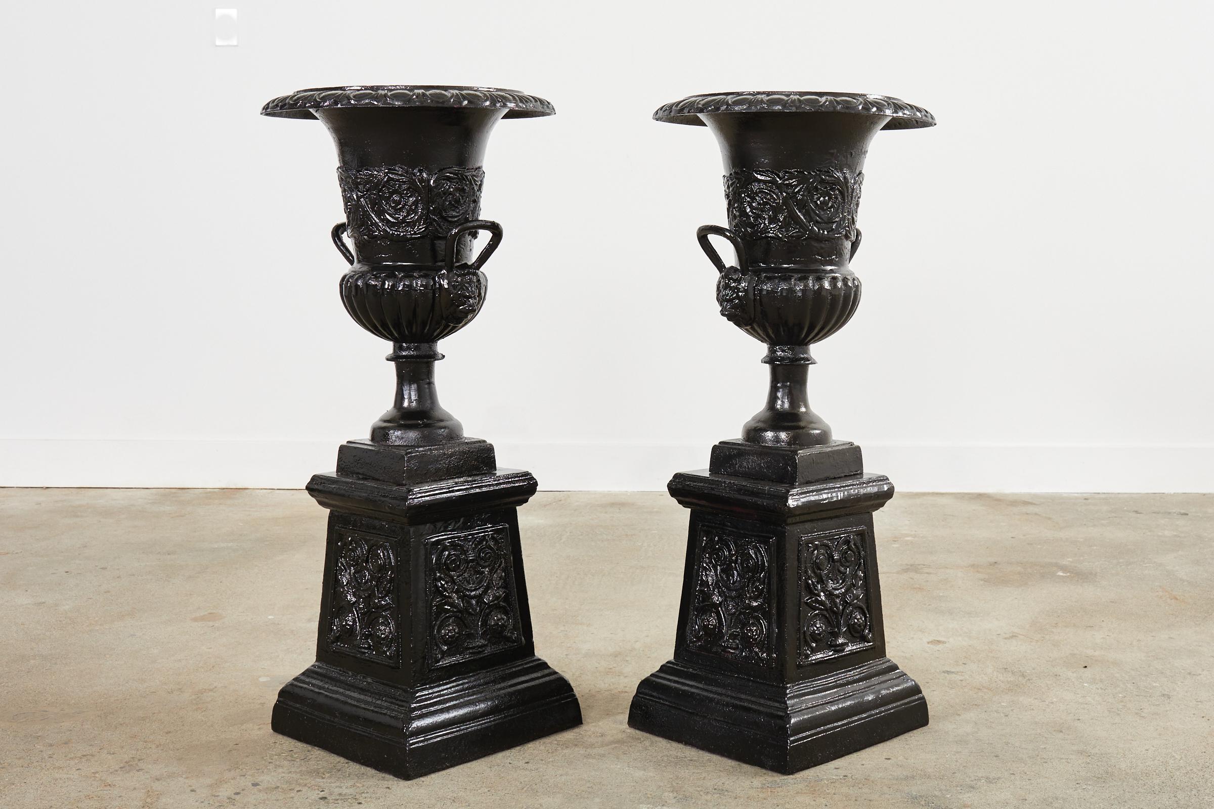 Pair of Cast Iron Campana Form Garden Urns on Stands For Sale 5