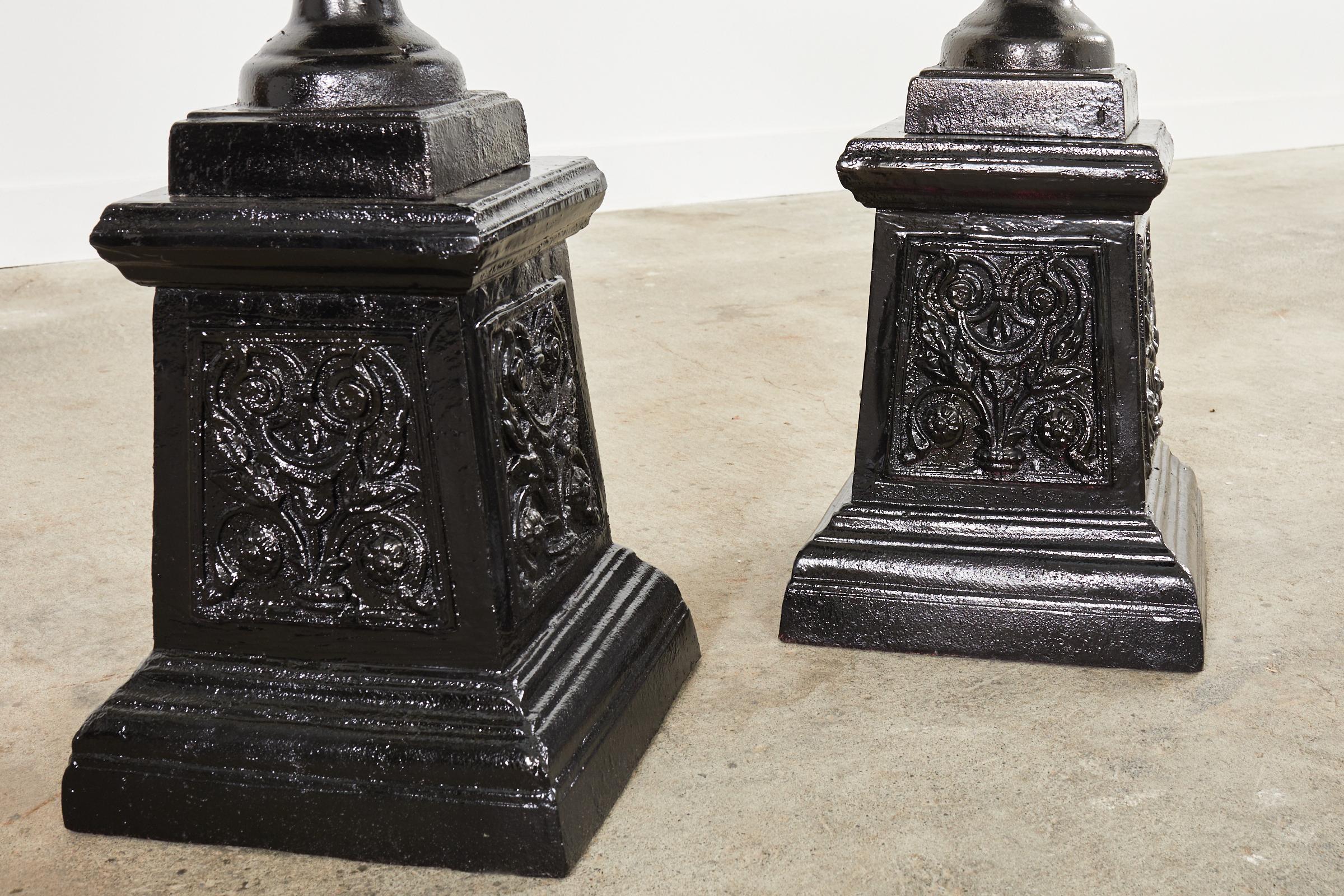 Pair of Cast Iron Campana Form Garden Urns on Stands For Sale 7