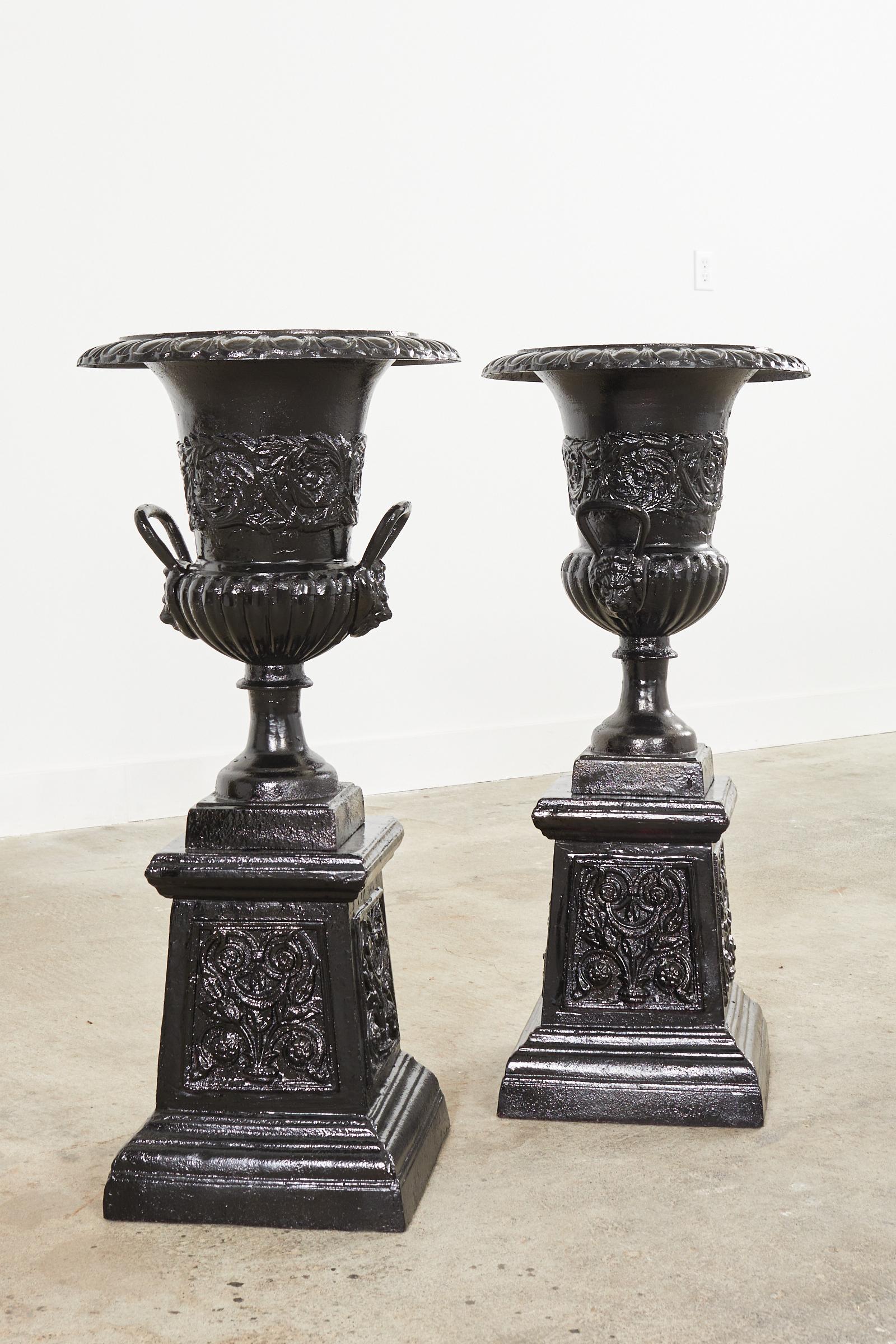 Pair of Cast Iron Campana Form Garden Urns on Stands For Sale 8