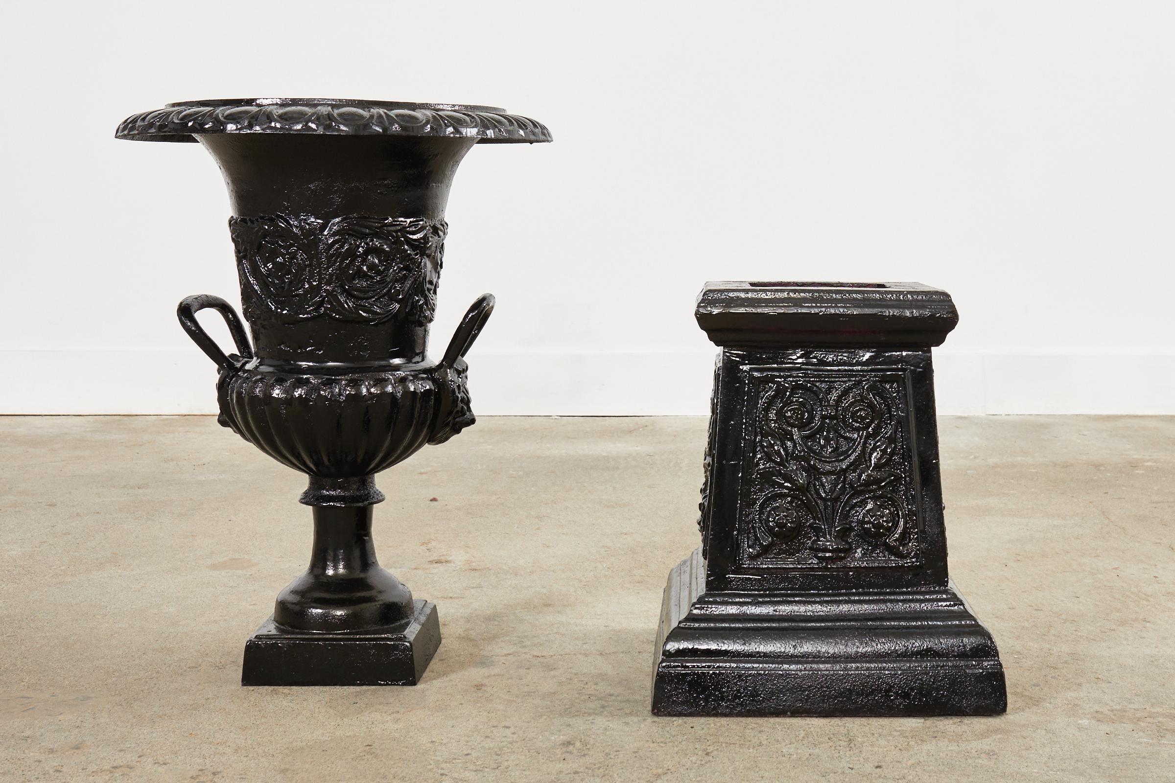 Pair of Cast Iron Campana Form Garden Urns on Stands For Sale 10