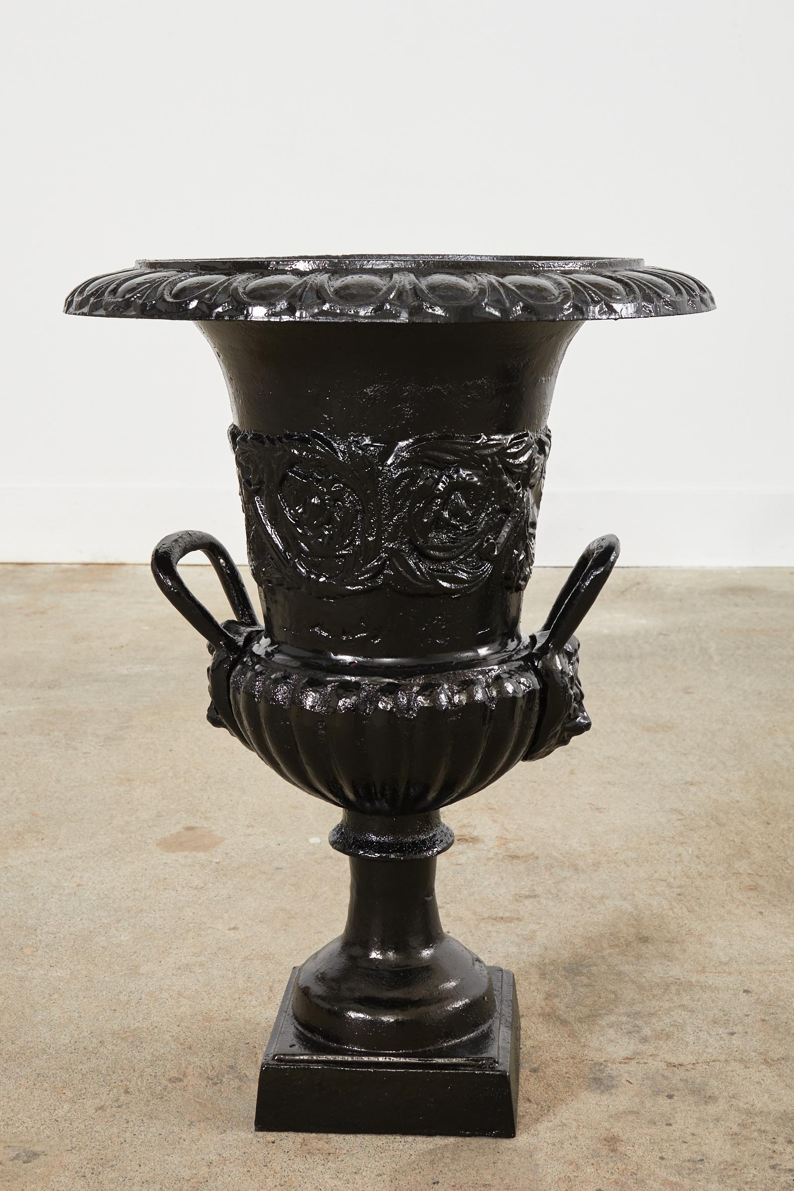 20th Century Pair of Cast Iron Campana Form Garden Urns on Stands For Sale