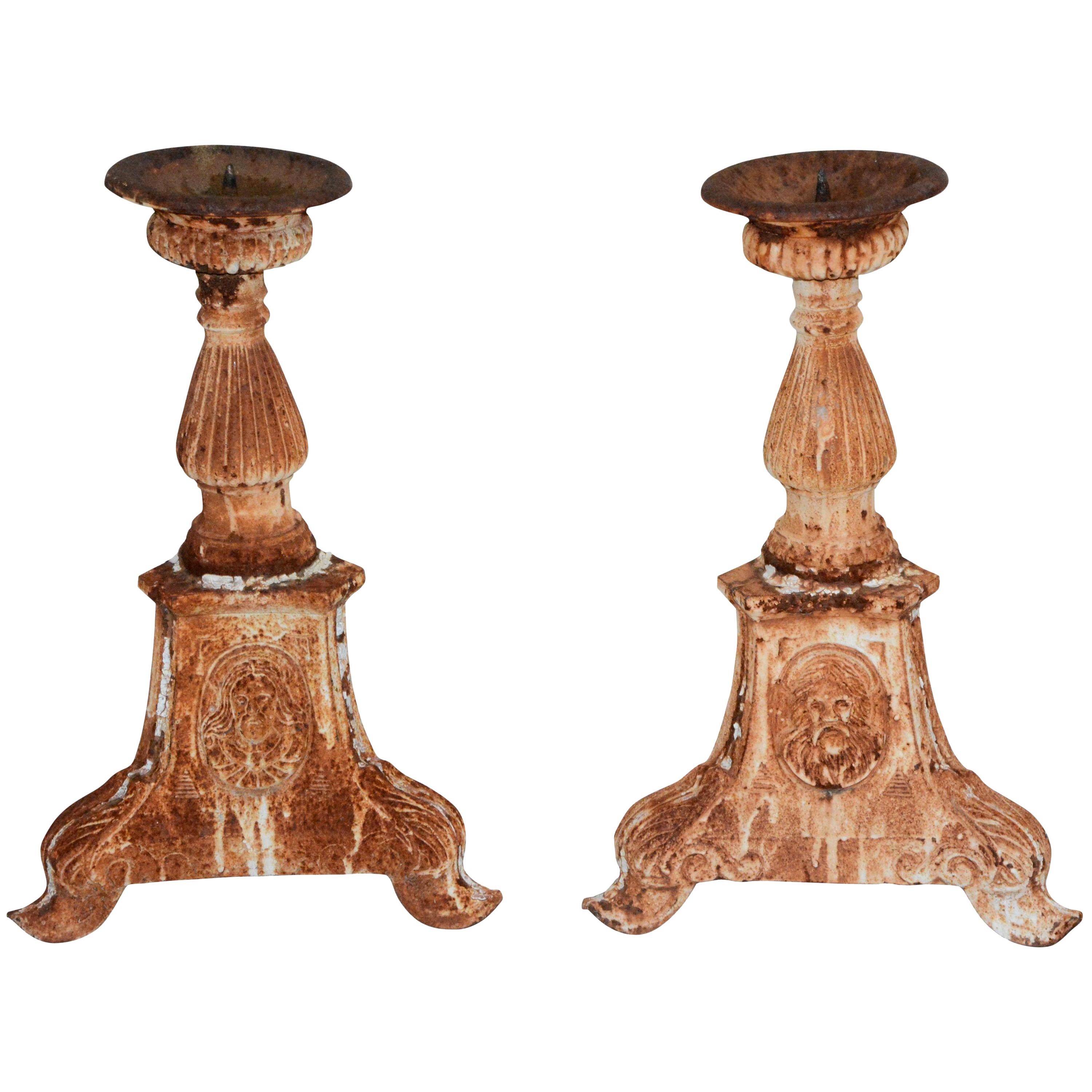 Pair of Cast Iron Candleholders with Vignettes, Vintage For Sale