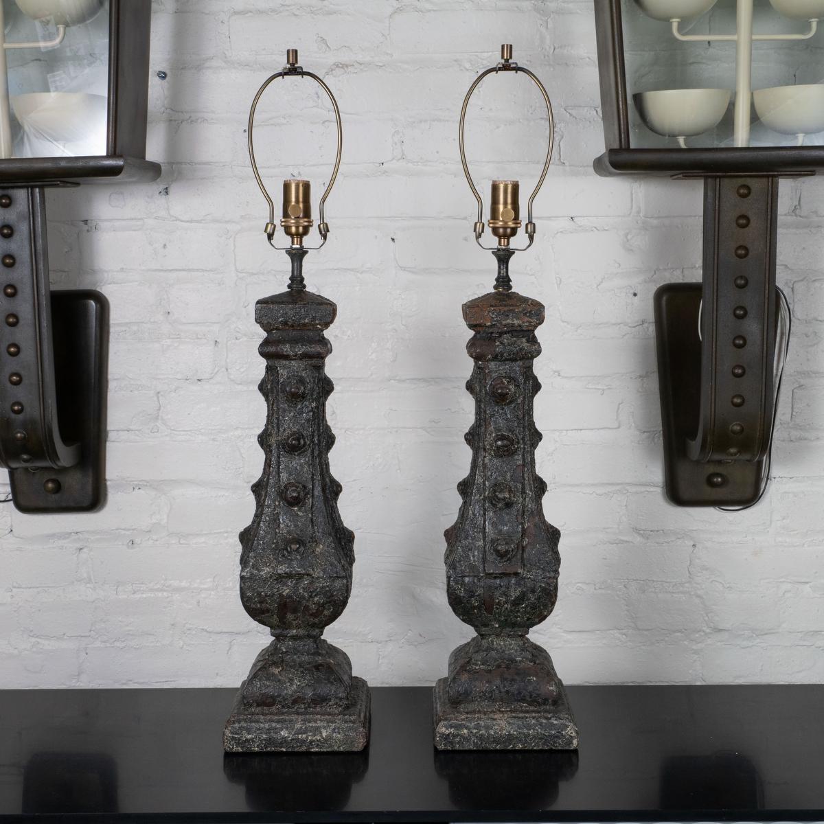 Rustic Pair of cast iron columnar table lamps For Sale