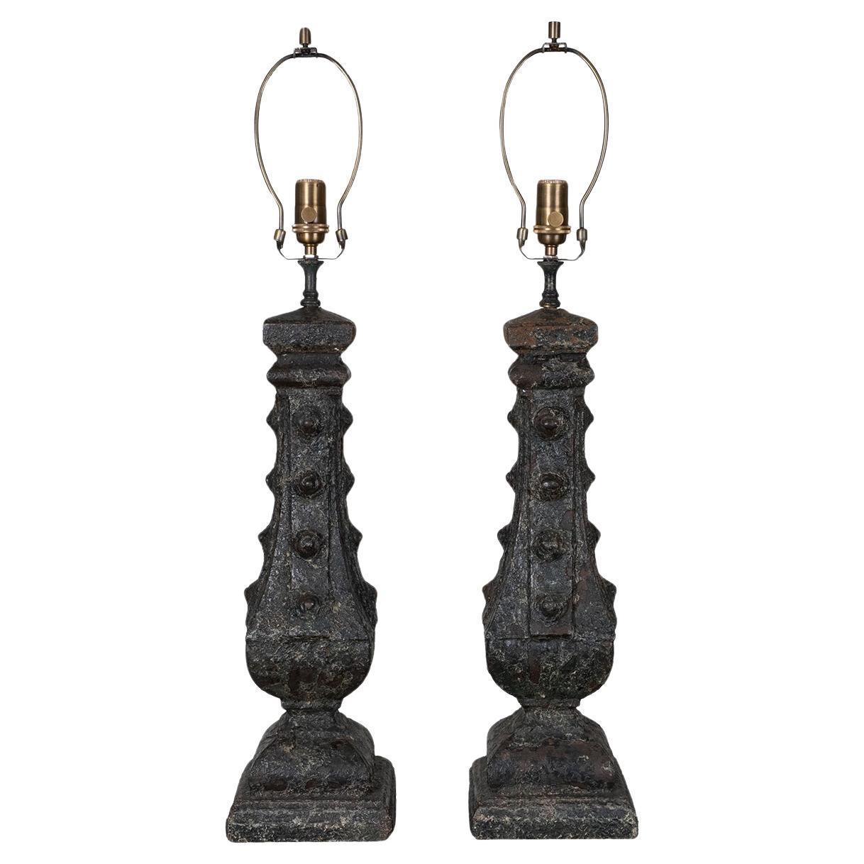 Pair of cast iron columnar table lamps For Sale