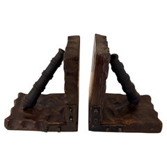 Pair of Cast Iron & Distressed Wood Medieval Style Bookends Canyon Motif