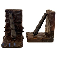 Pair of Cast Iron & Distressed Wood Medieval Style Bookends Canyon Motif