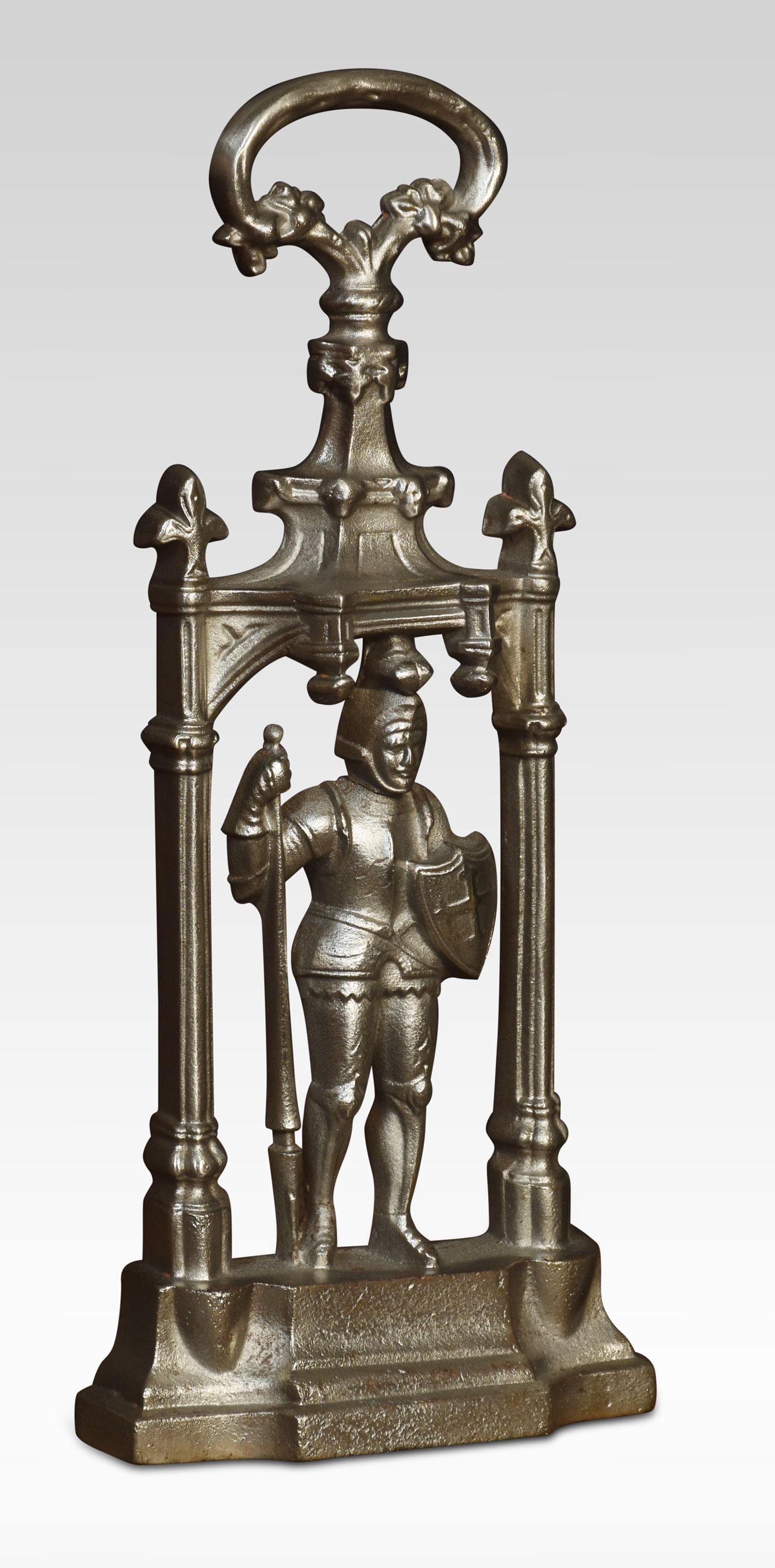 Pair of 19th century cast iron door stops with shaped handles above a figural soldier raised up on a shaped base.
Dimensions
Height 17 Inches
Width 7.5 Inches
Depth 3 Inches.