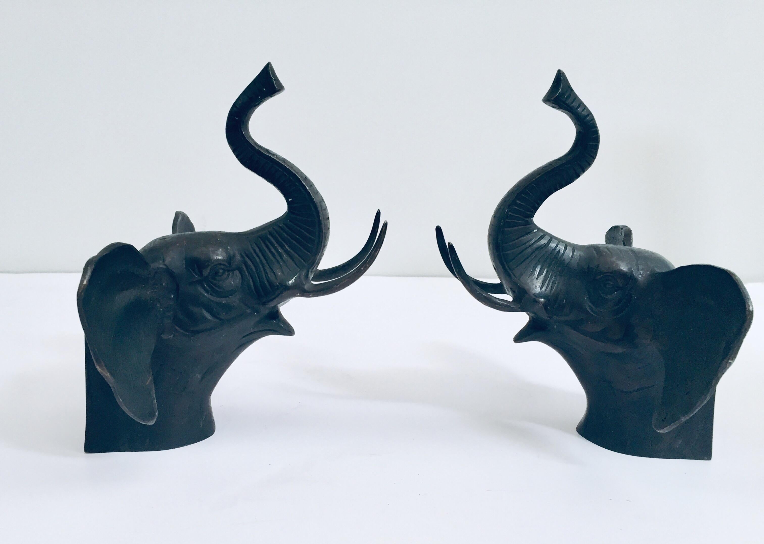 Indian Pair of Cast Iron Elephant Heads Bookends For Sale