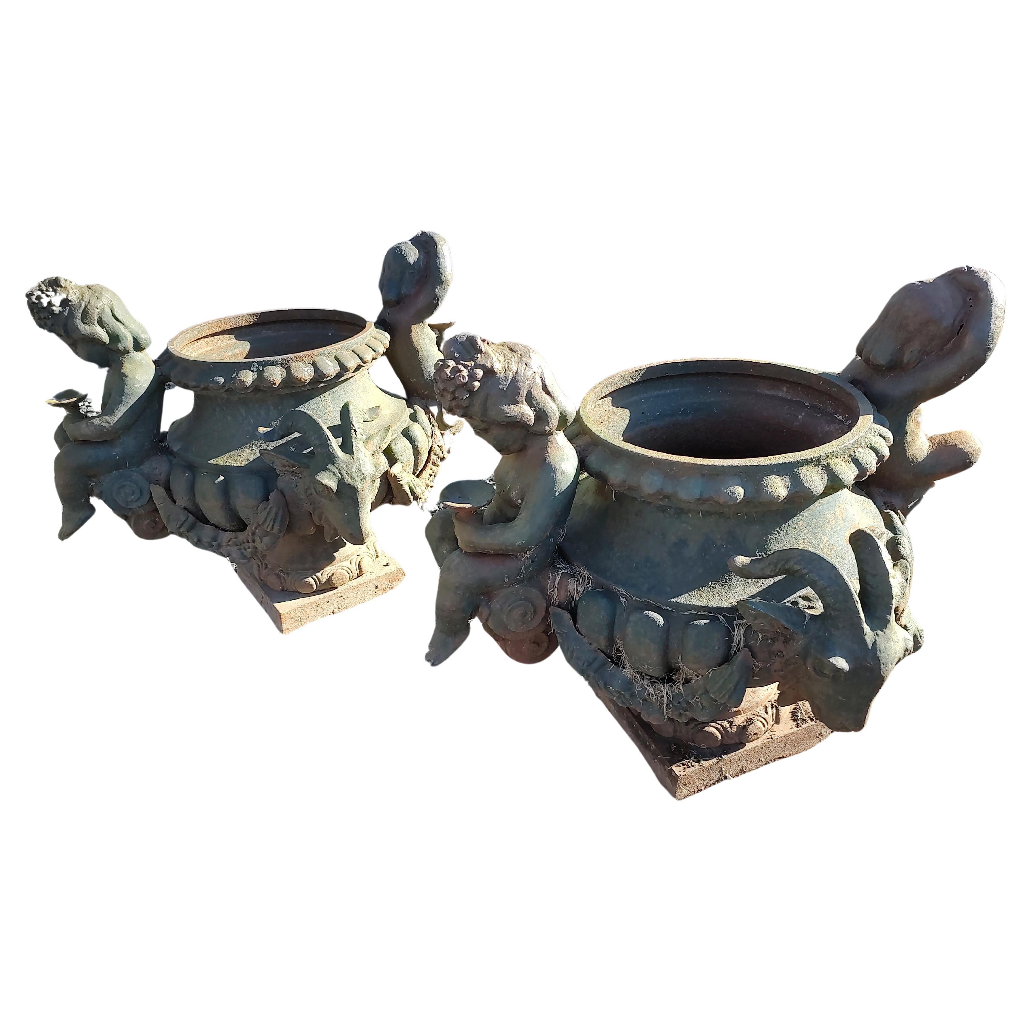 Pair of Cast Iron Figural Garden Urns with Cherubs & Rams Heads For Sale 4