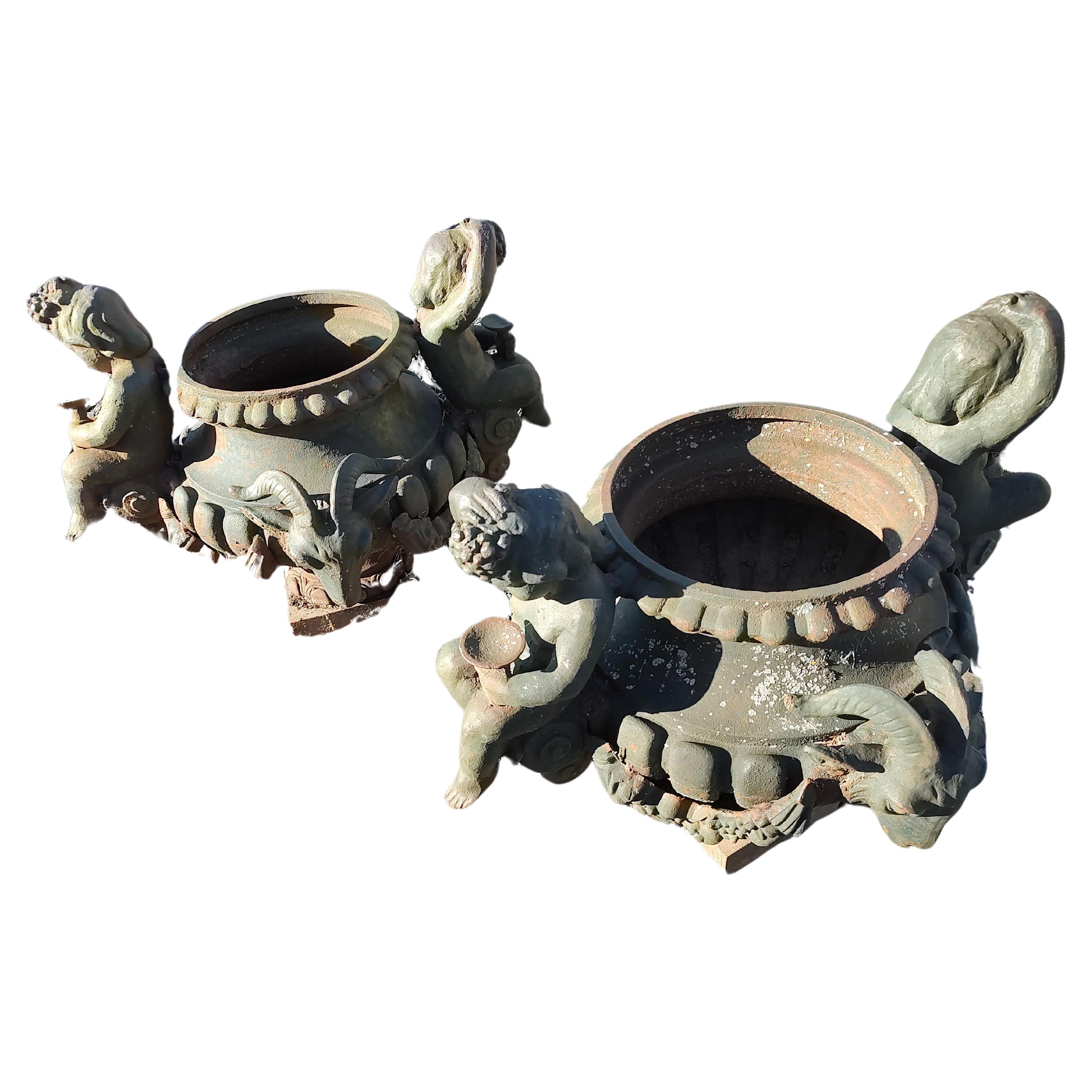 Pair of Cast Iron Figural Garden Urns with Cherubs & Rams Heads For Sale 5