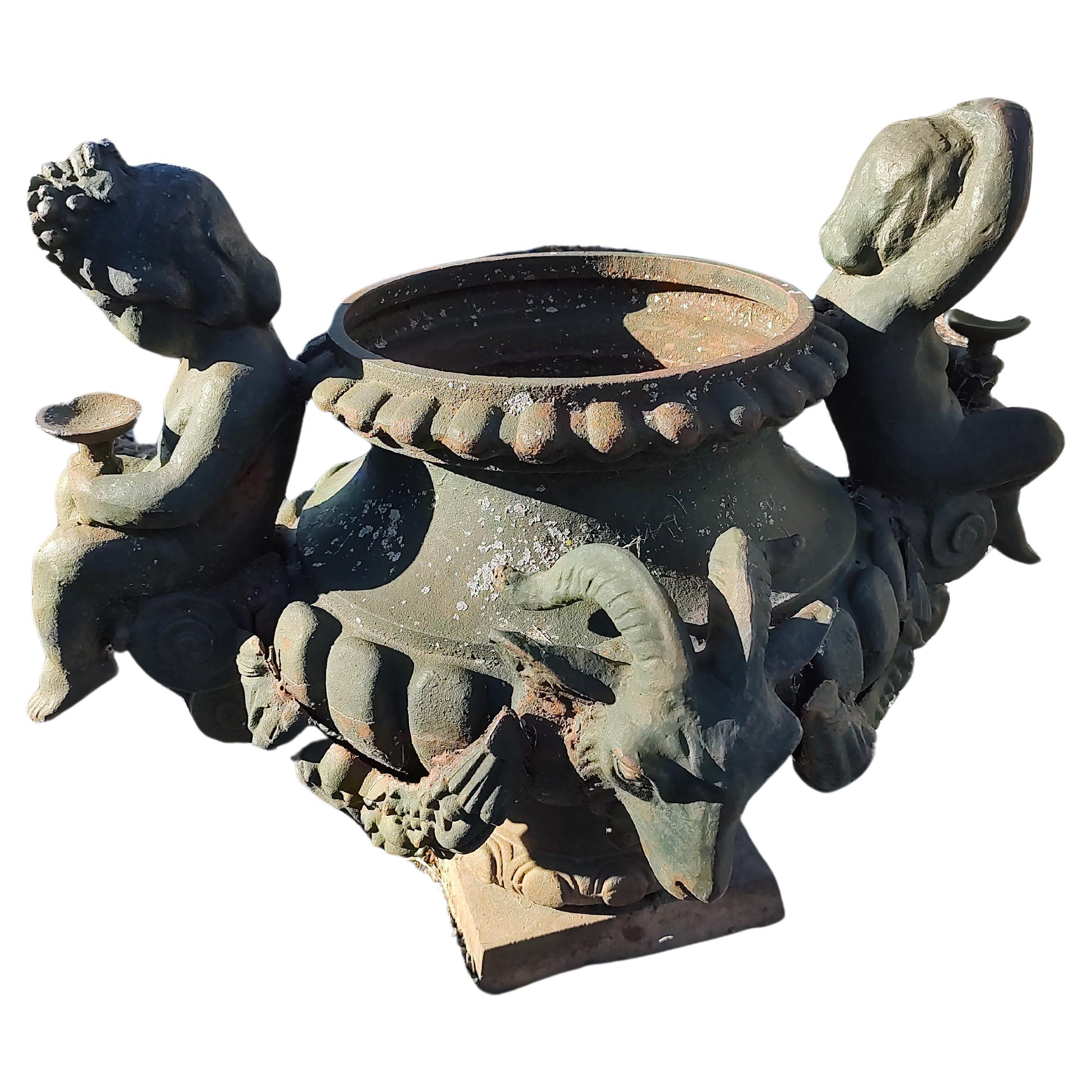 Pair of Cast Iron Figural Garden Urns with Cherubs & Rams Heads For Sale 6