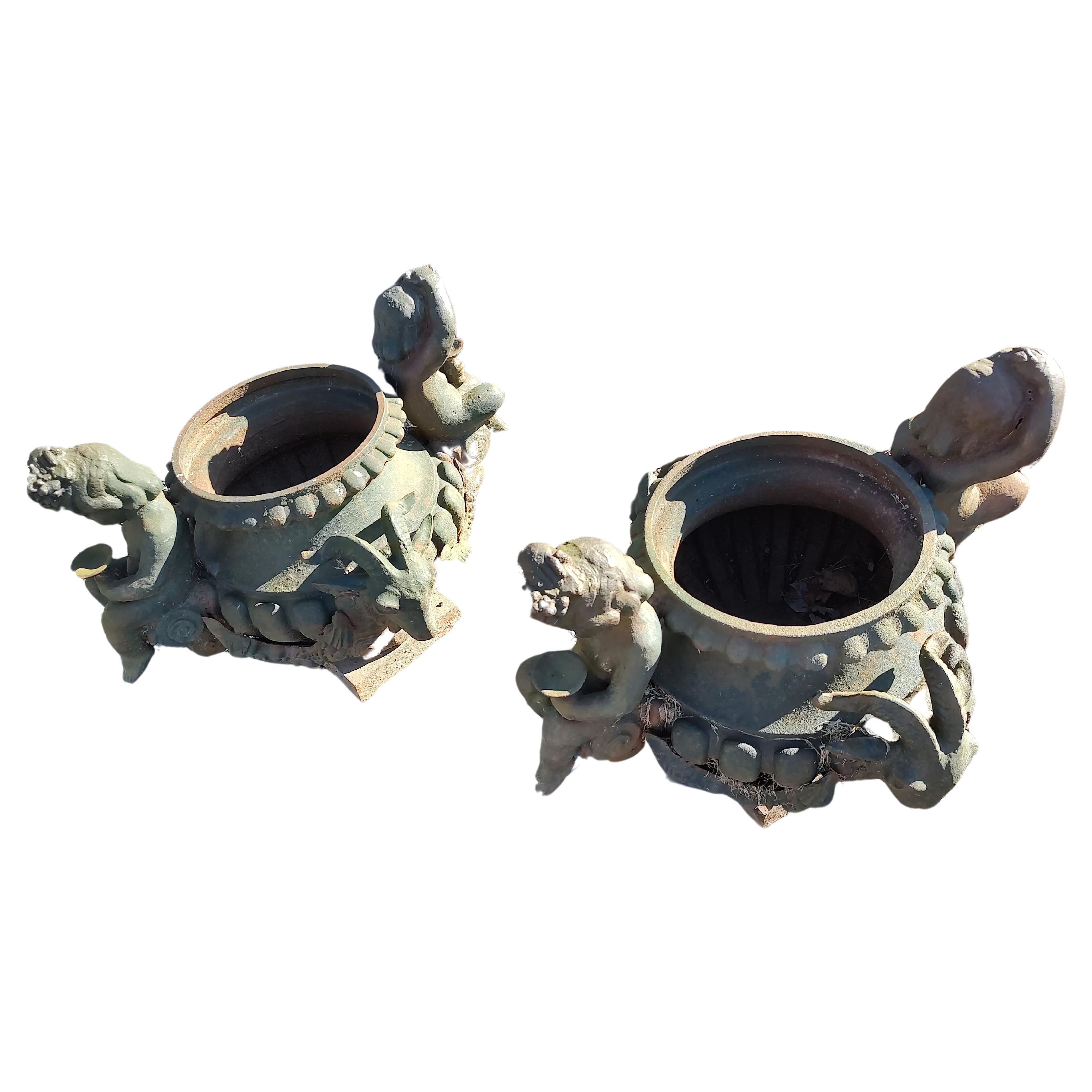 Pair of Cast Iron Figural Garden Urns with Cherubs & Rams Heads For Sale 1