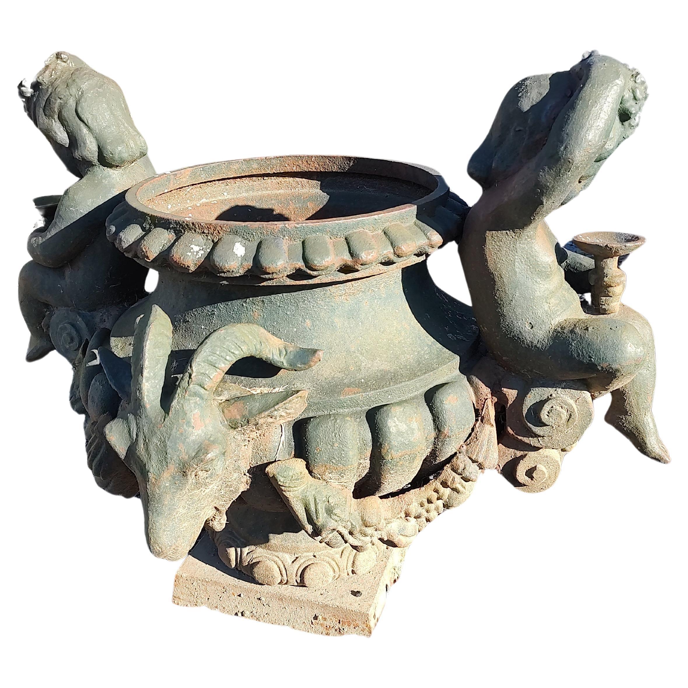 Pair of Cast Iron Figural Garden Urns with Cherubs & Rams Heads For Sale 2
